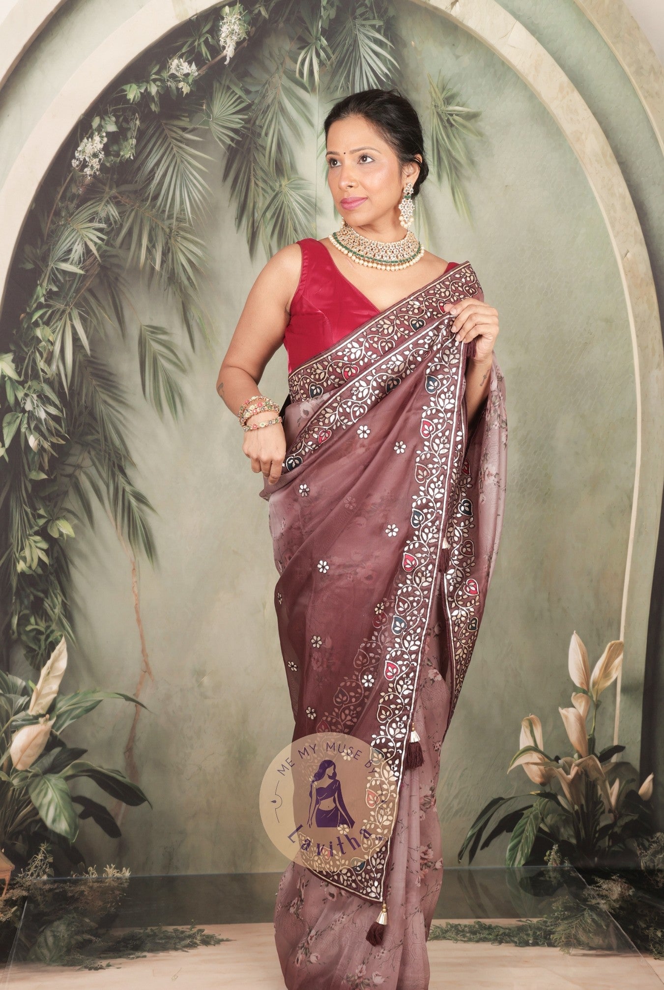 Dilqash Premium Organza Mauve Saree - Digital Floral Print - Gota Patti Work