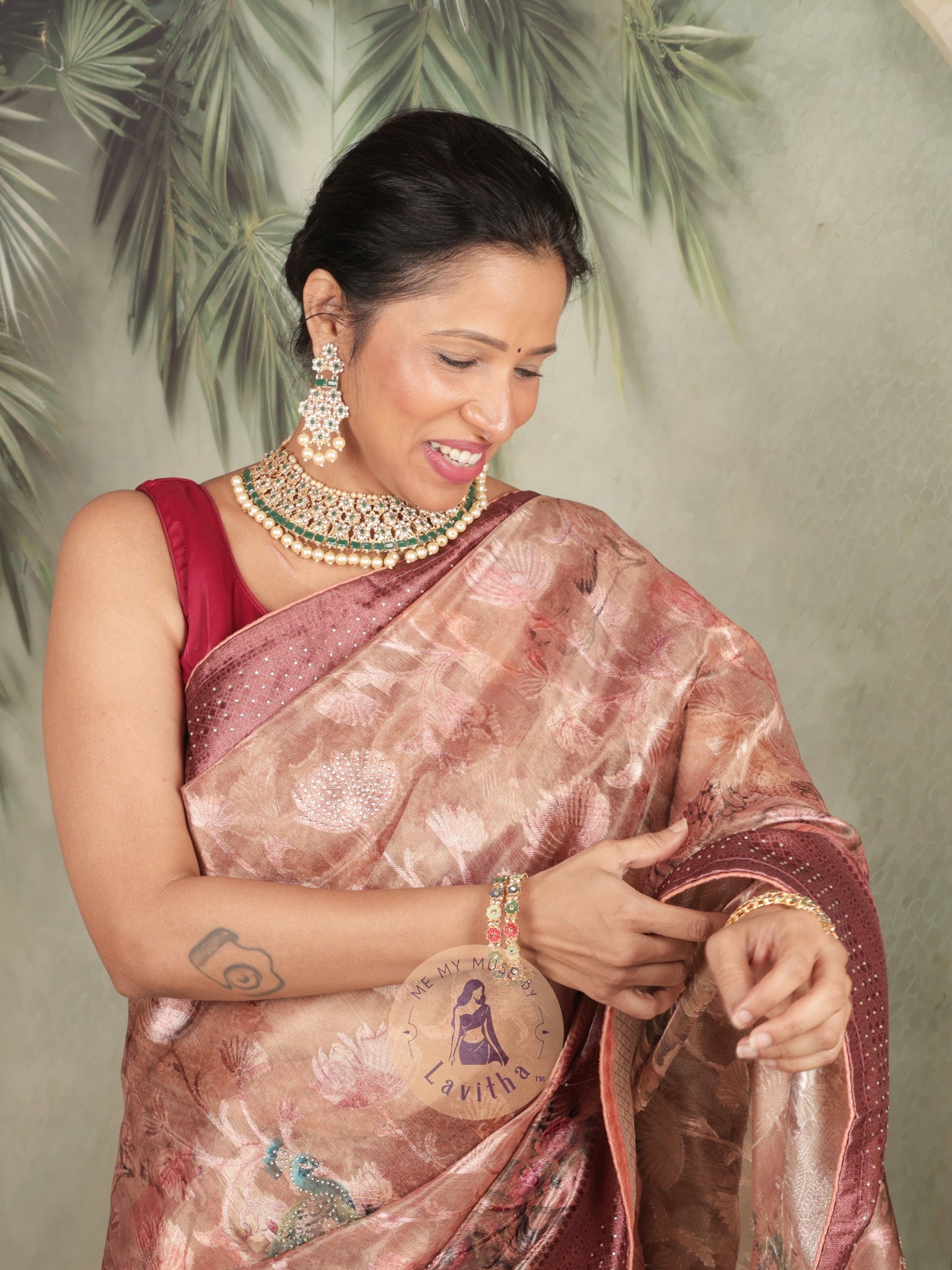 Dilqash Premium Pink & Gold Peacock Crystal Work Saree