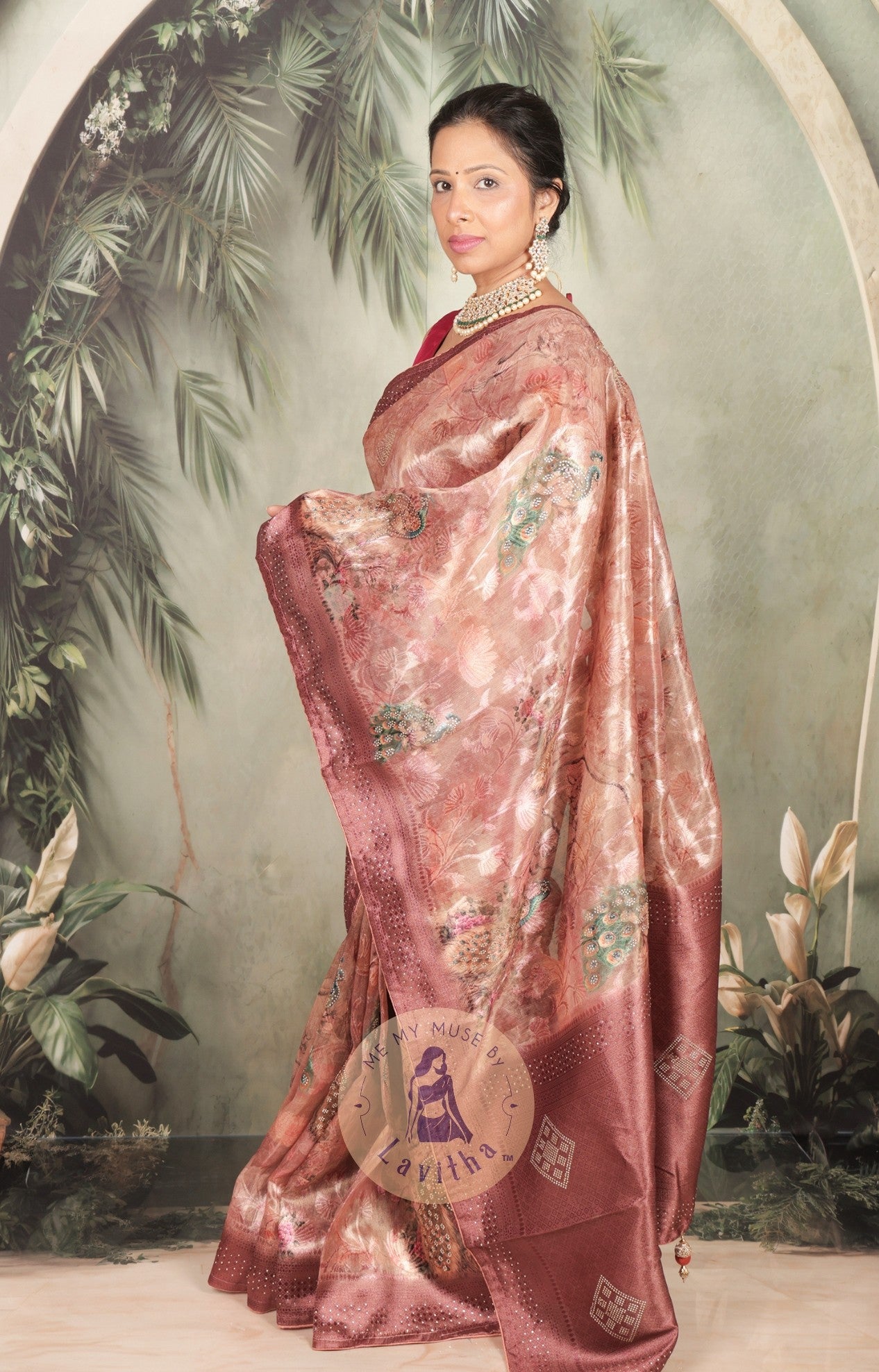 Dilqash Premium Pink & Gold Peacock Crystal Work Saree