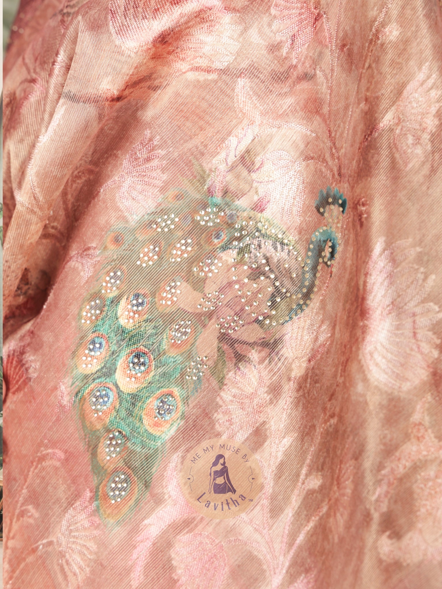 Dilqash Premium Pink & Gold Peacock Crystal Work Saree