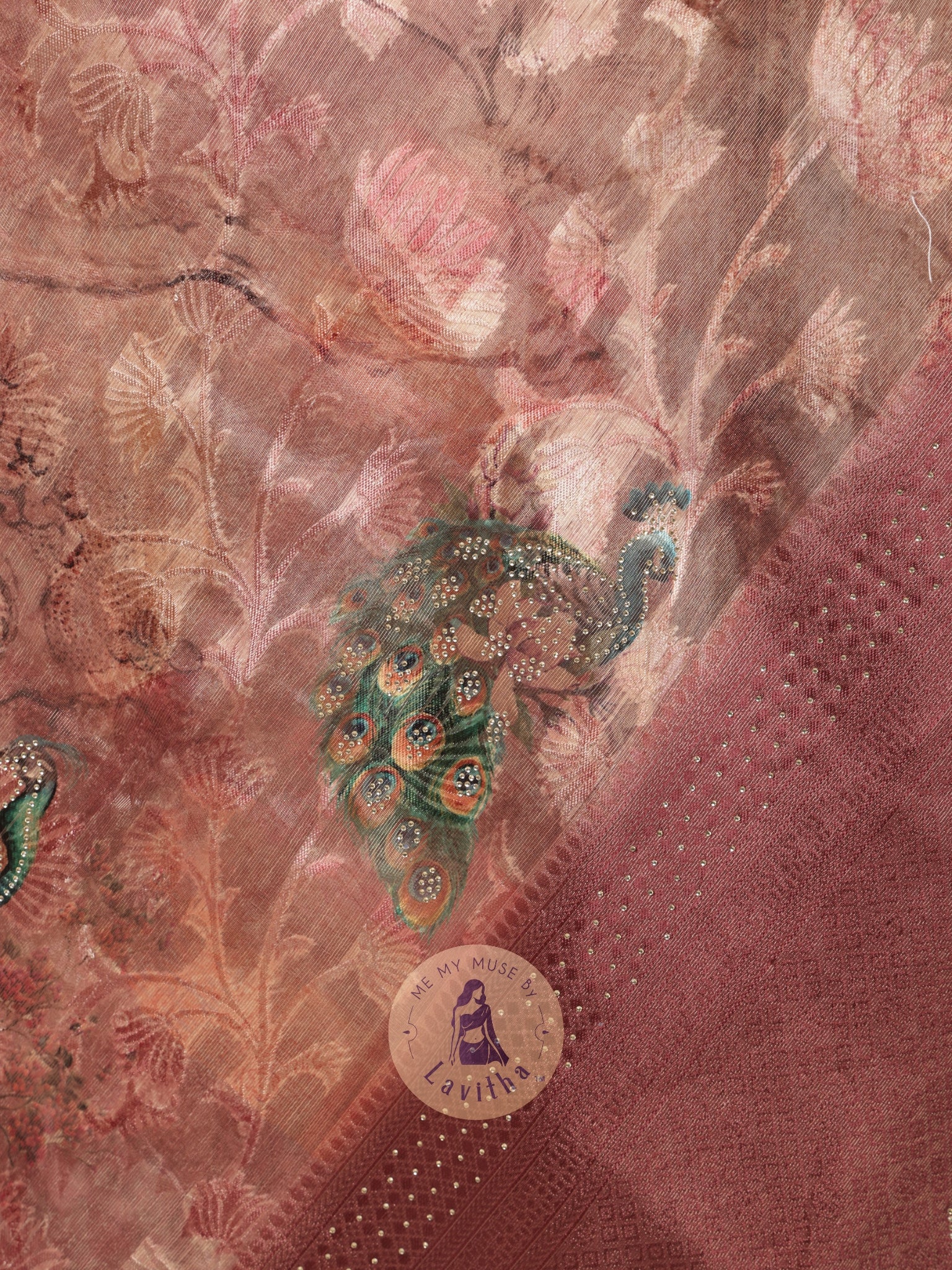 Dilqash Premium Pink & Gold Peacock Crystal Work Saree
