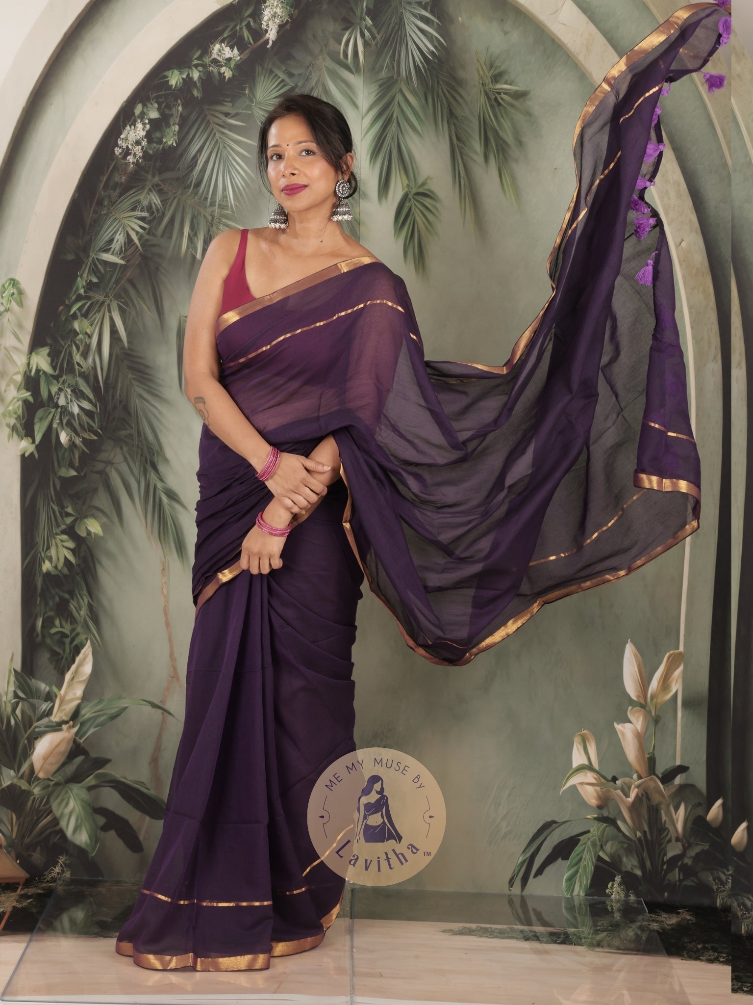 G-Siren Deep Purple Mul Cotton Saree with Gold Border