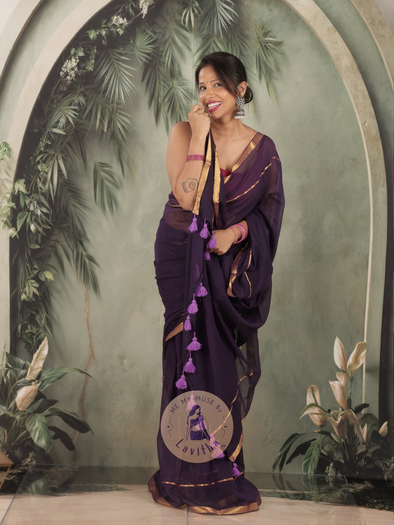 G-Siren Deep Purple Mul Cotton Saree with Gold Border