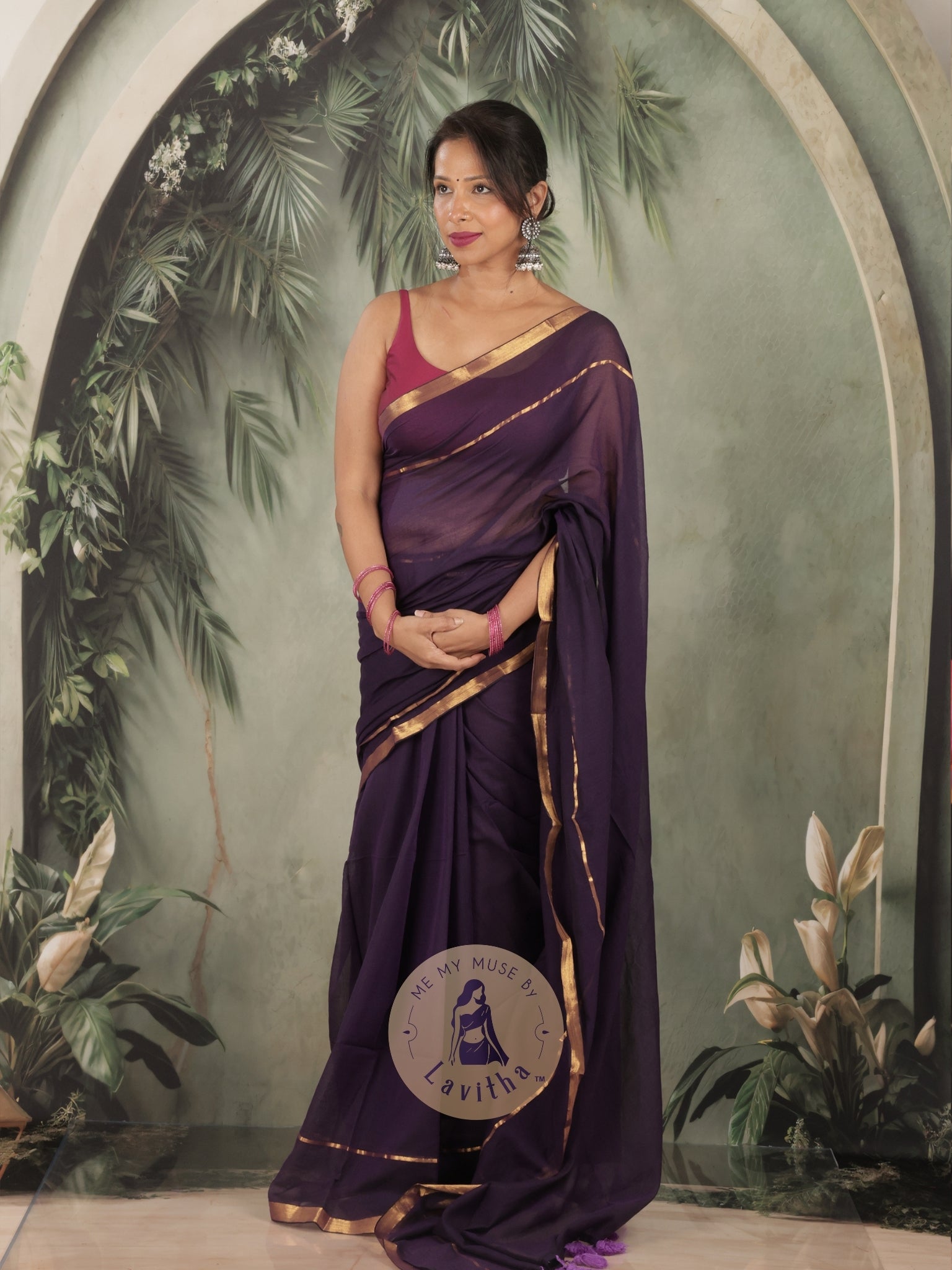 G-Siren Deep Purple Mul Cotton Saree with Gold Border