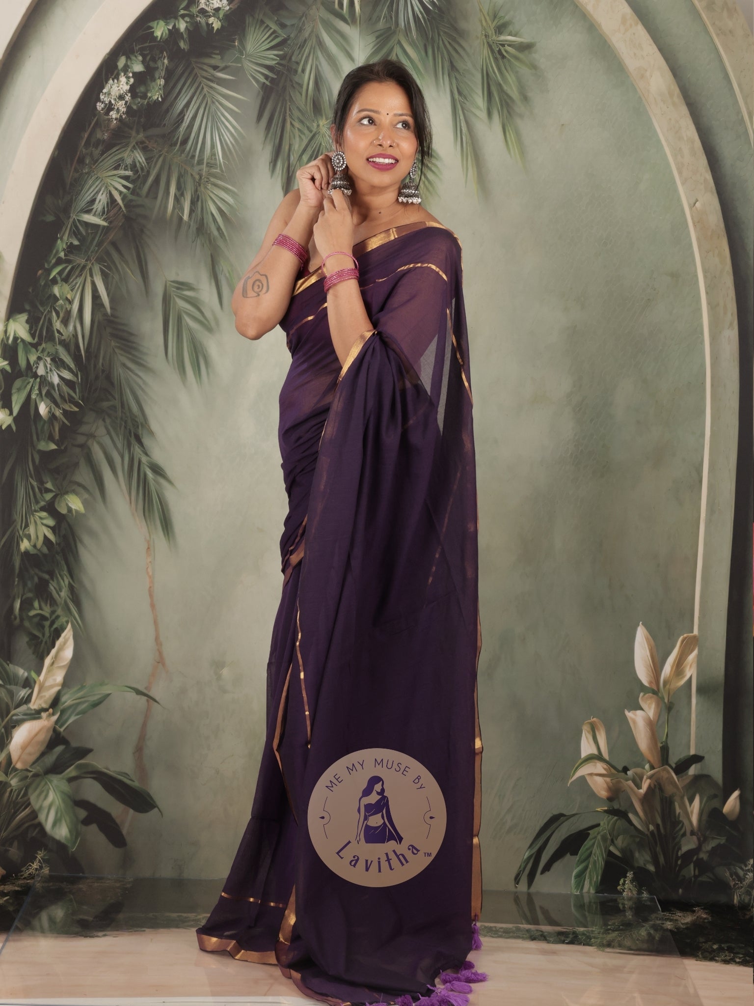 G-Siren Deep Purple Mul Cotton Saree with Gold Border