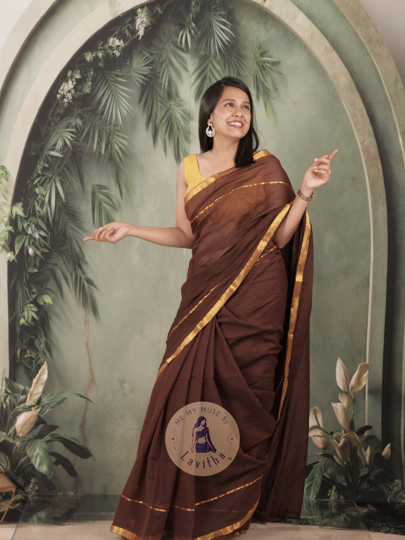 G-Siren Mocha Mul Cotton Saree with Gold Border