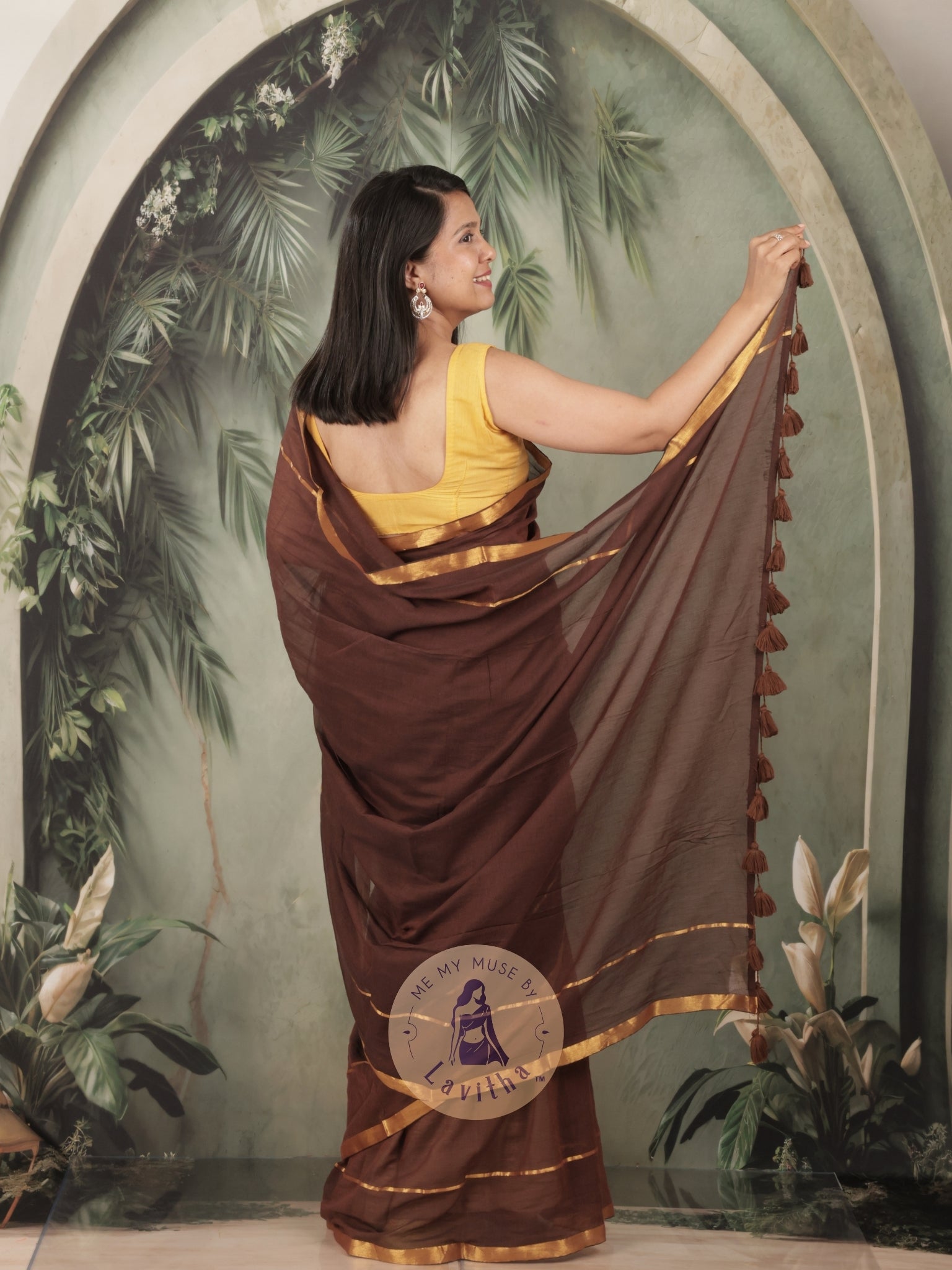 G-Siren Mocha Mul Cotton Saree with Gold Border