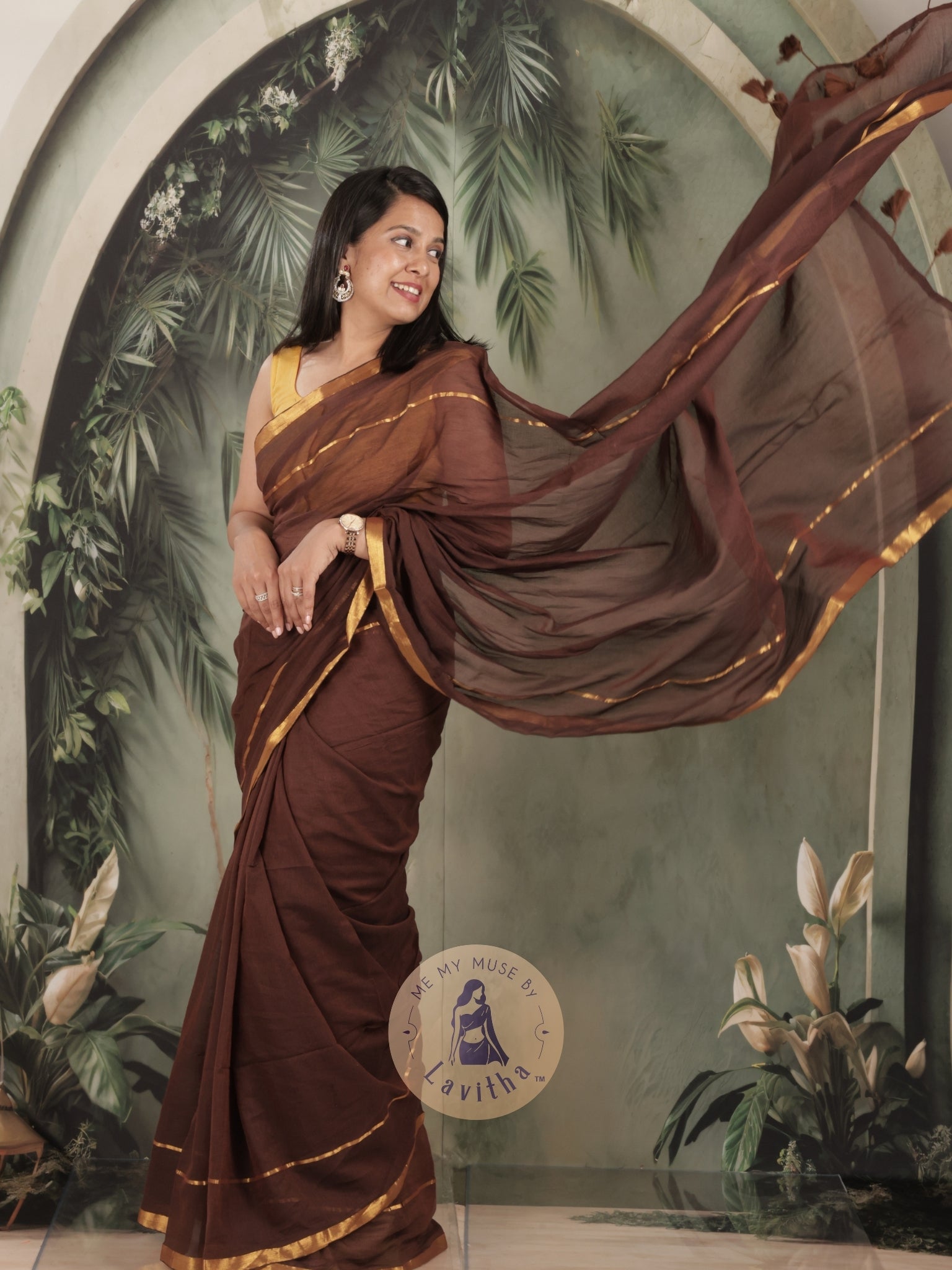 G-Siren Mocha Mul Cotton Saree with Gold Border