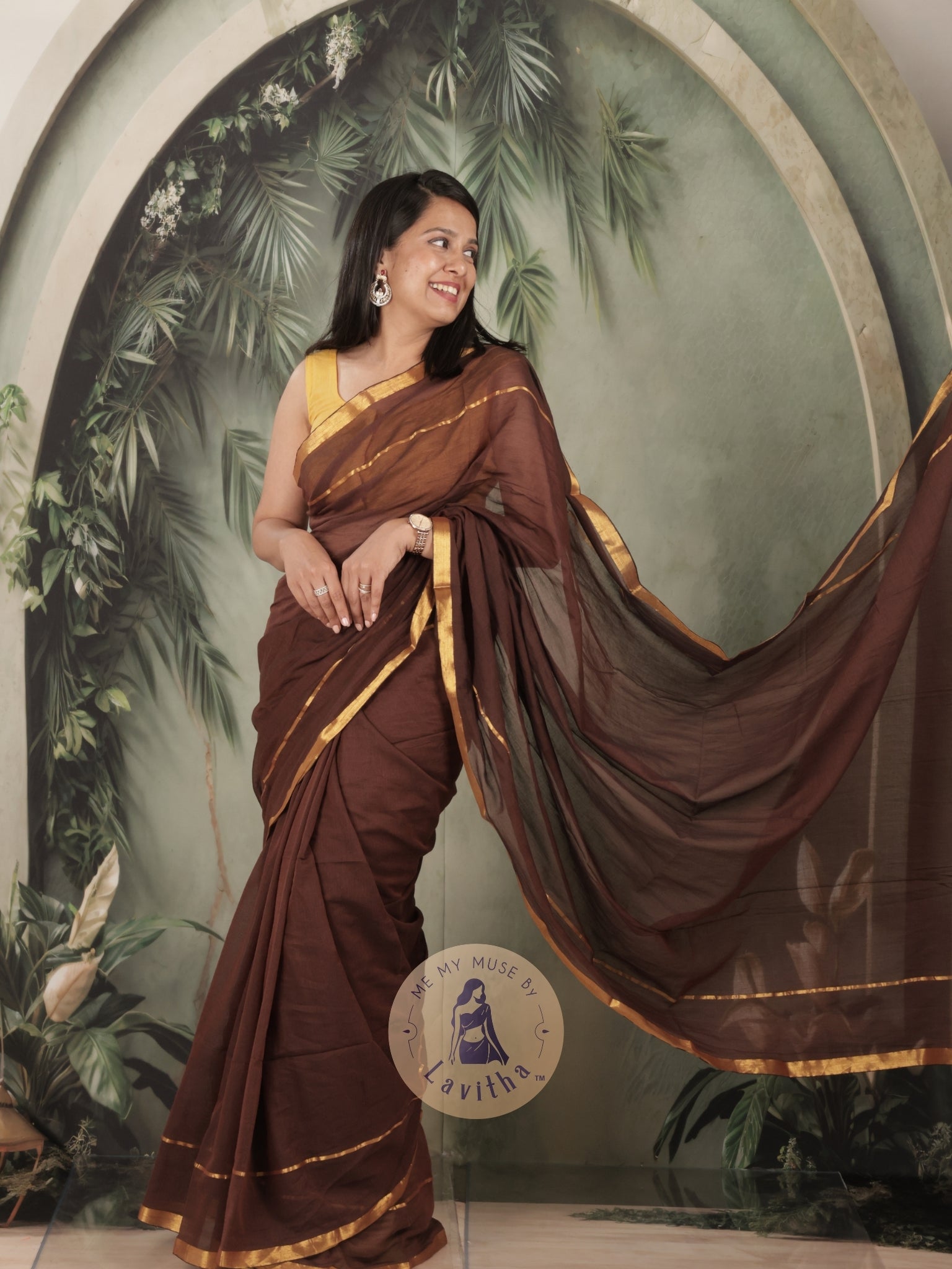 G-Siren Mocha Mul Cotton Saree with Gold Border
