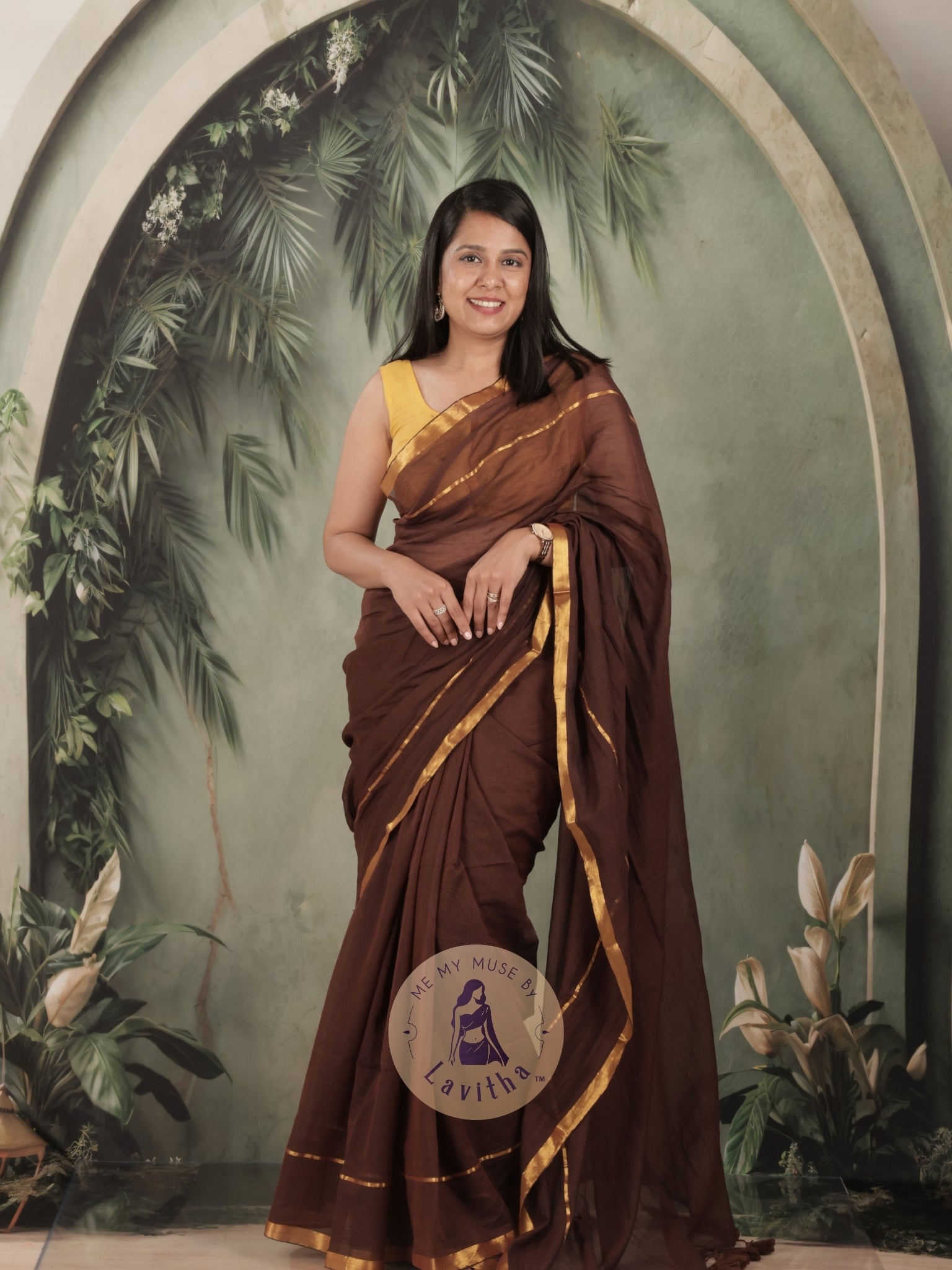G-Siren Mocha Mul Cotton Saree with Gold Border