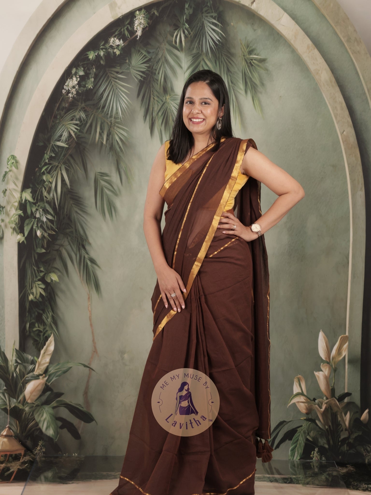 G-Siren Mocha Mul Cotton Saree with Gold Border