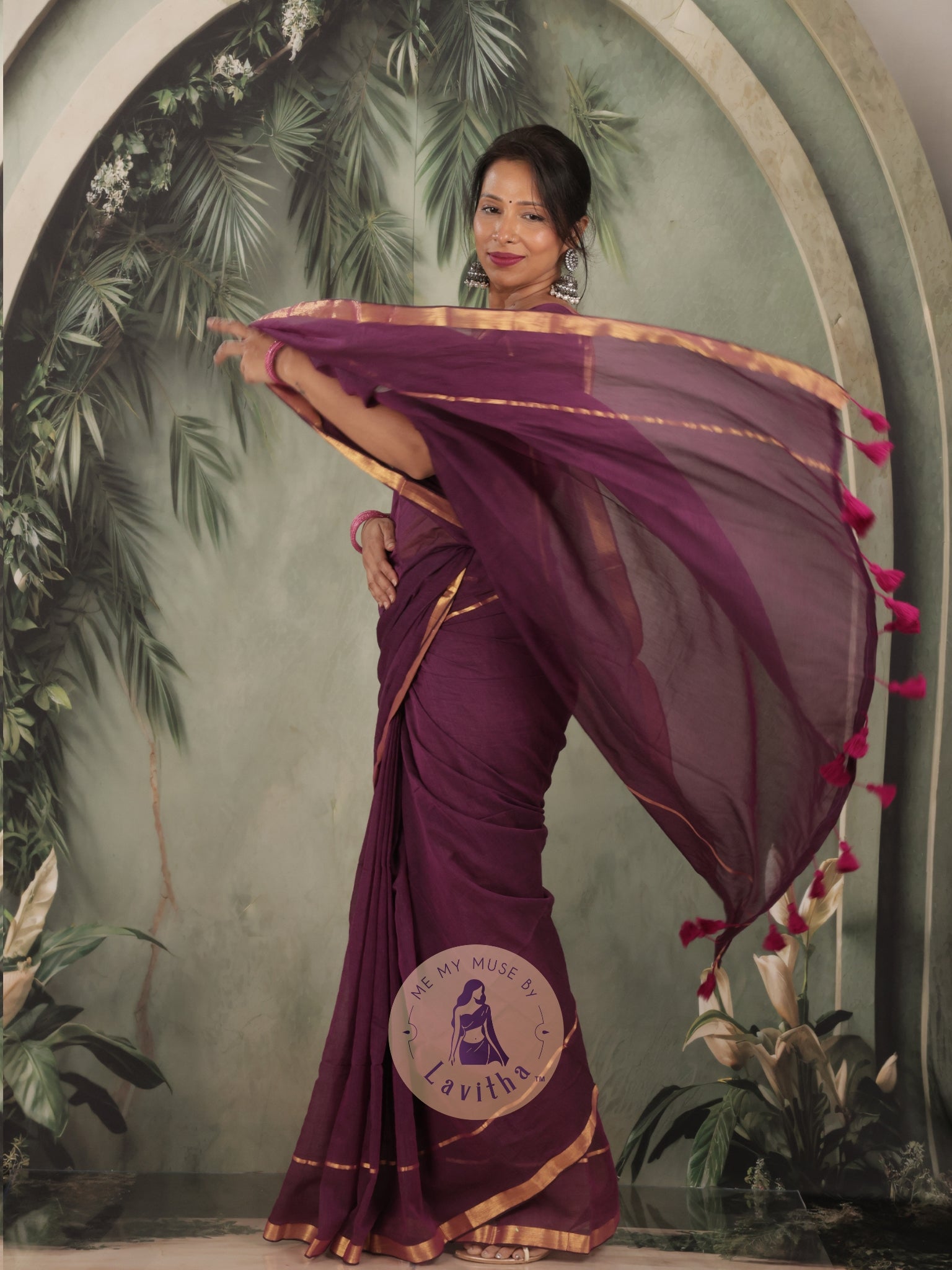 G-Siren Wine Mul Cotton Saree with Gold Border