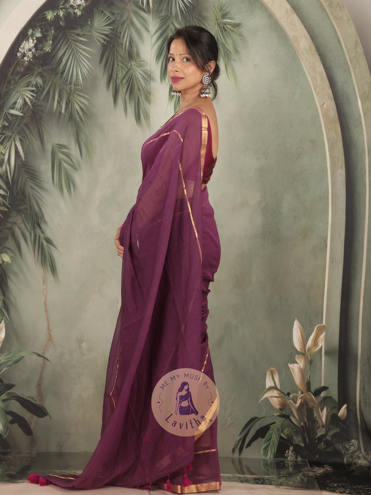 G-Siren Wine Mul Cotton Saree with Gold Border