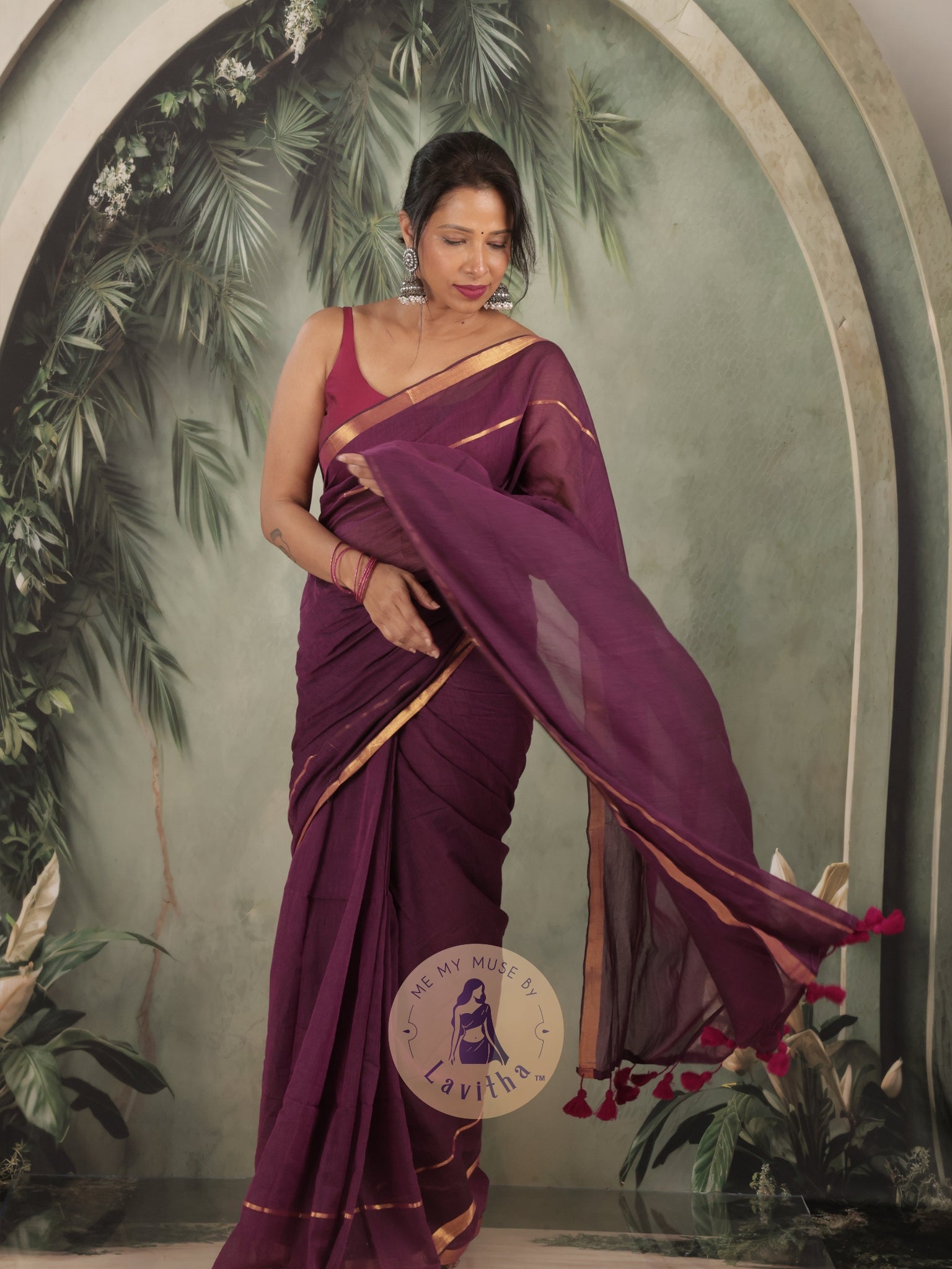 G-Siren Wine Mul Cotton Saree with Gold Border