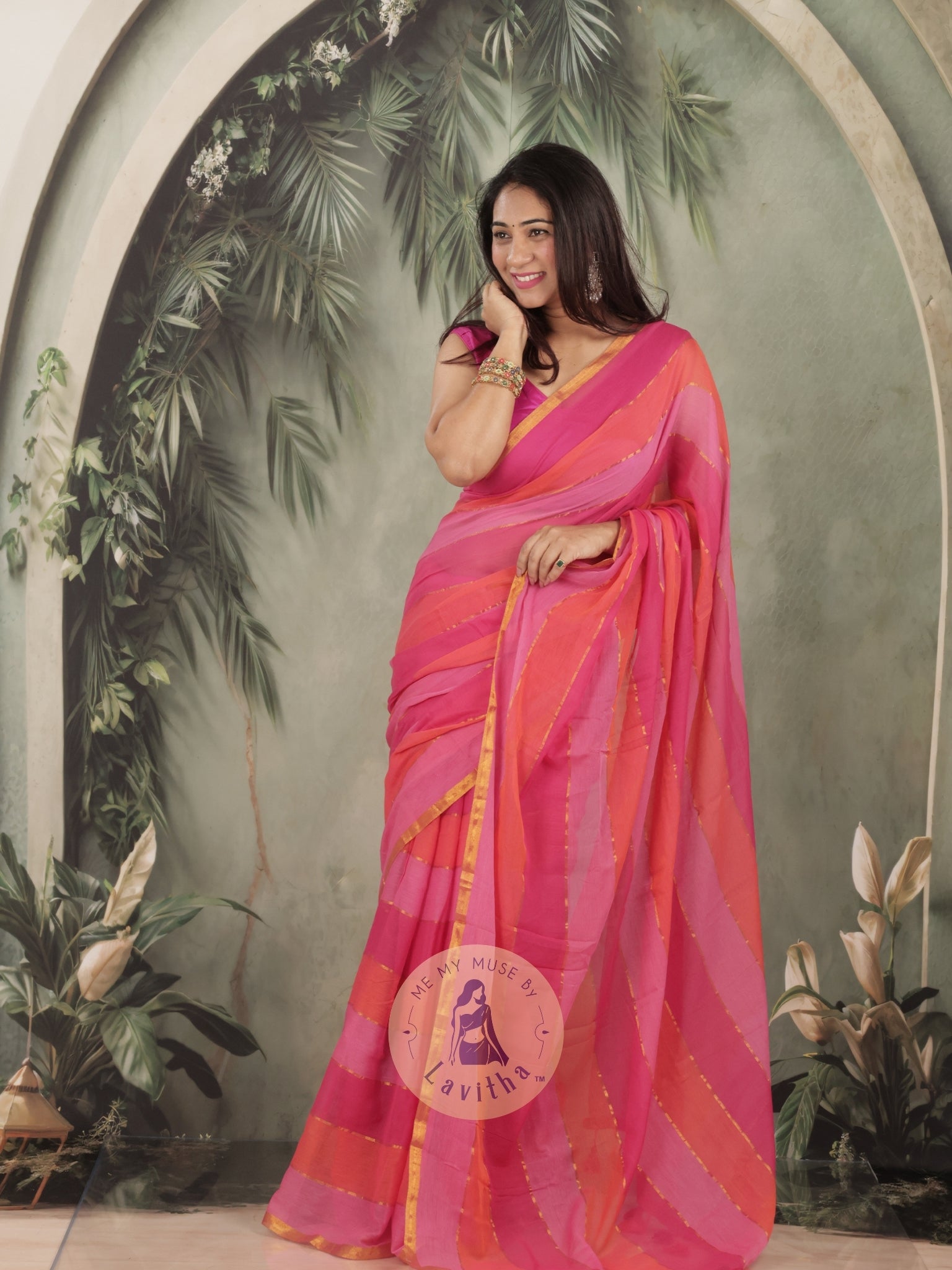 Haseena Pink Monochrome Striped Mul Cotton Saree