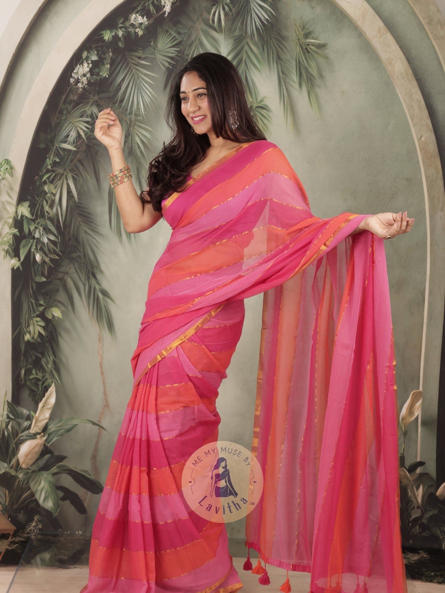 Haseena Pink Monochrome Striped Mul Cotton Saree