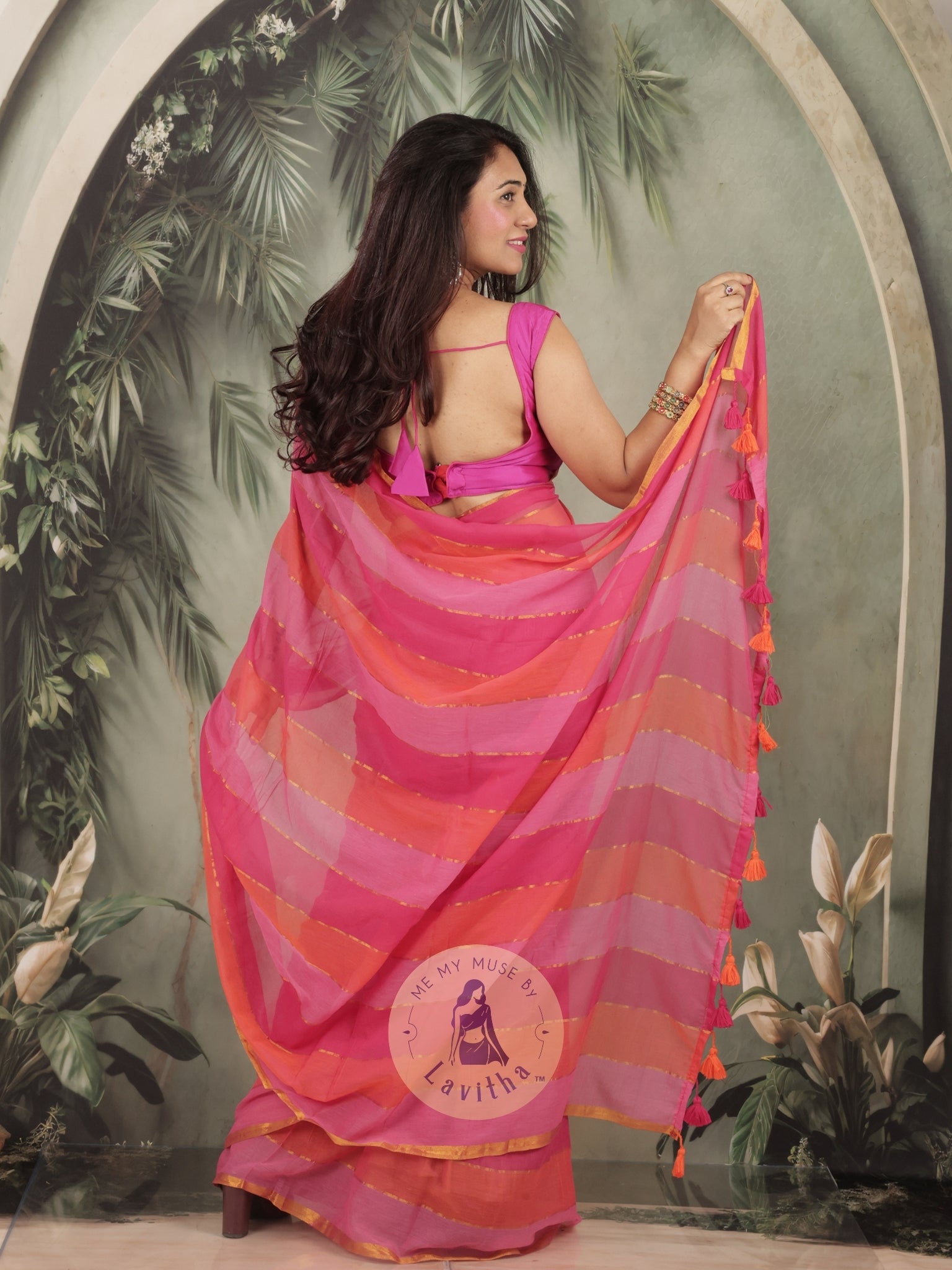Haseena Pink Monochrome Striped Mul Cotton Saree