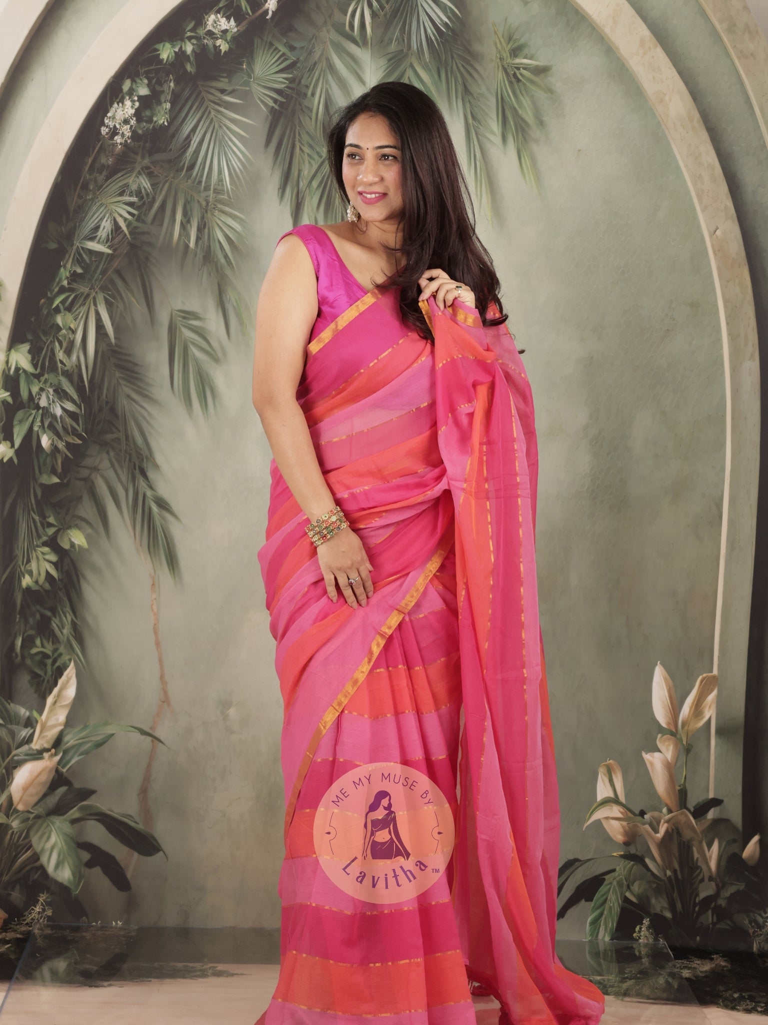 Haseena Pink Monochrome Striped Mul Cotton Saree