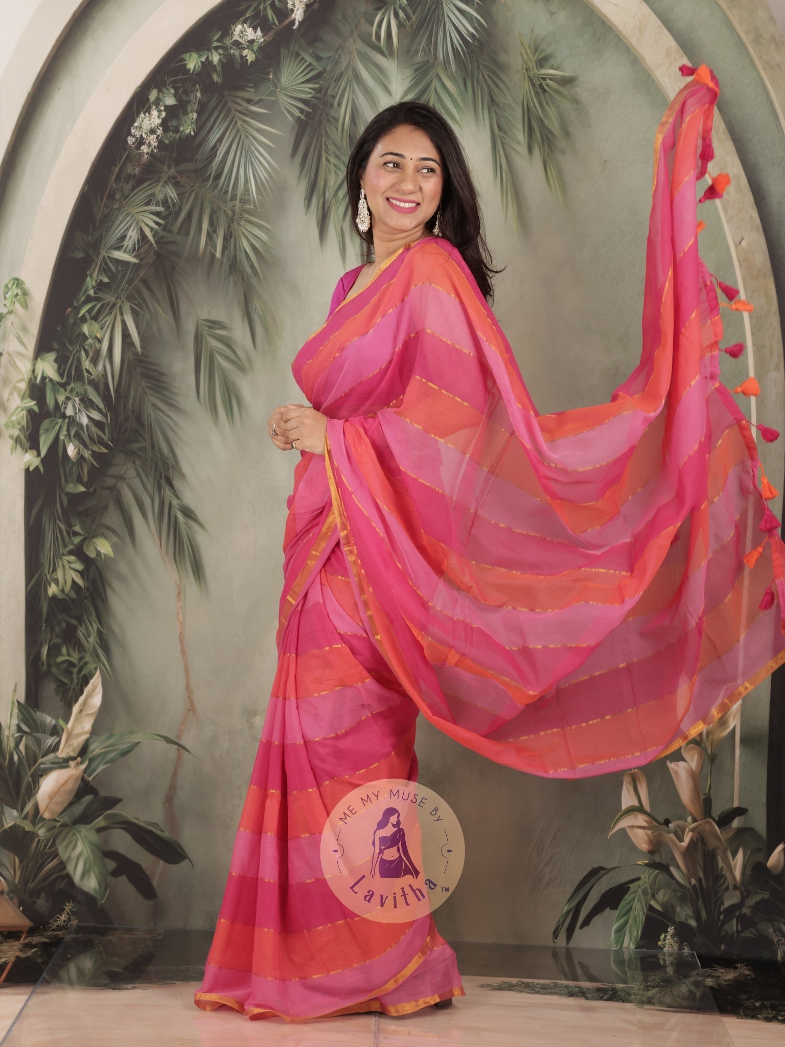 Haseena Pink Monochrome Striped Mul Cotton Saree