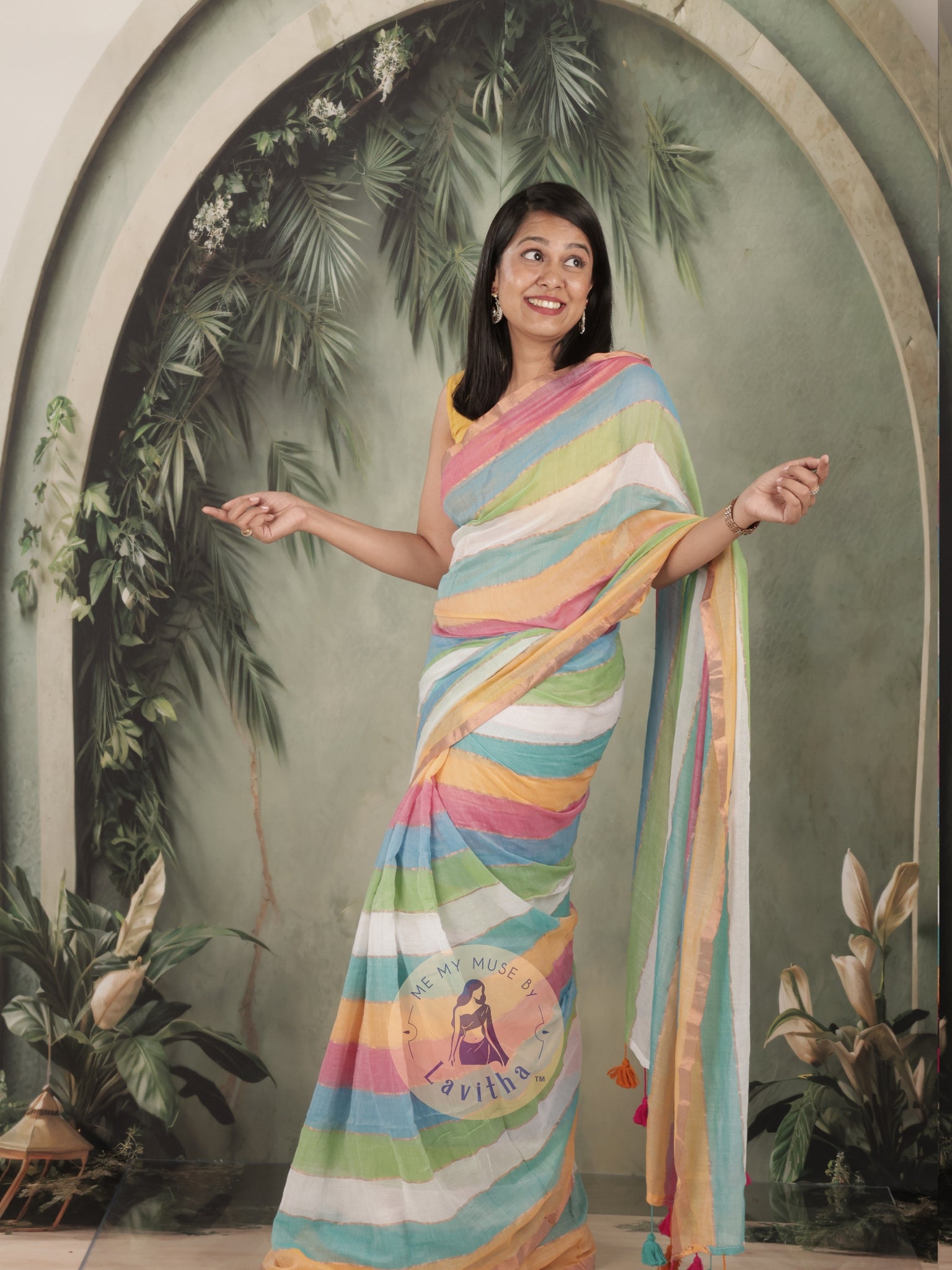 Haseena Blue Pink Monochrome Striped Mul Cotton Saree