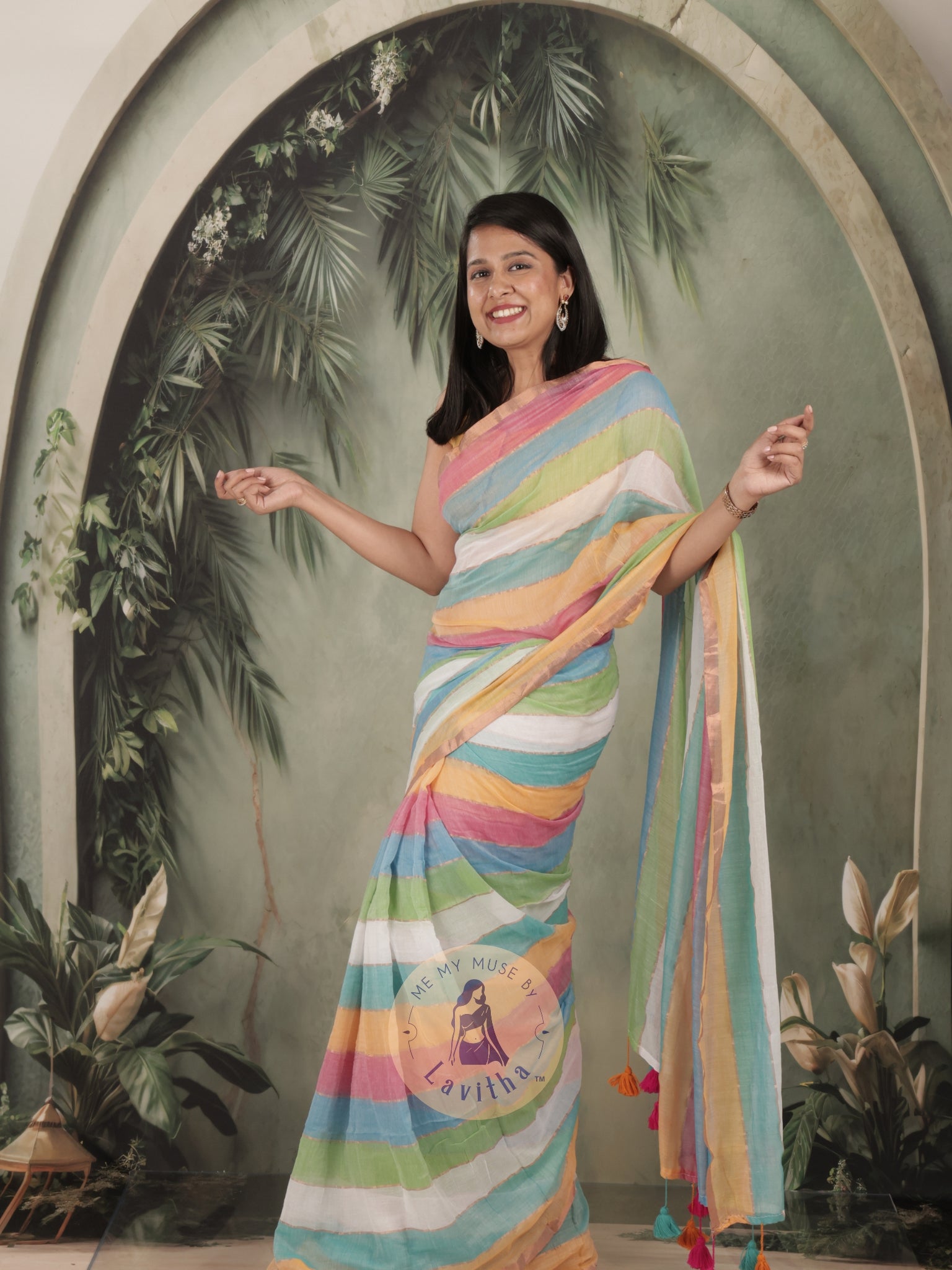 Haseena Blue Pink Monochrome Striped Mul Cotton Saree