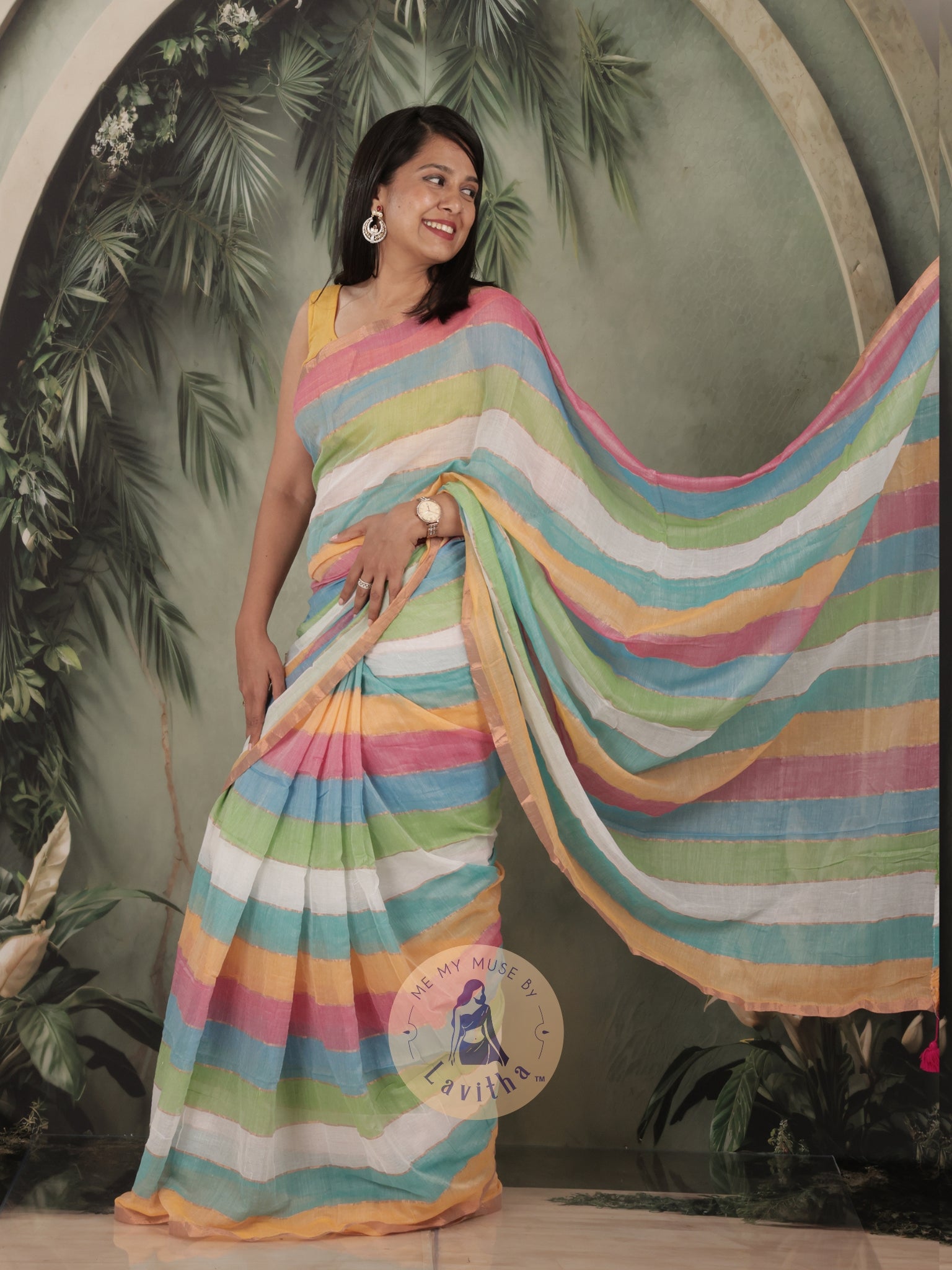 Haseena Blue Pink Monochrome Striped Mul Cotton Saree