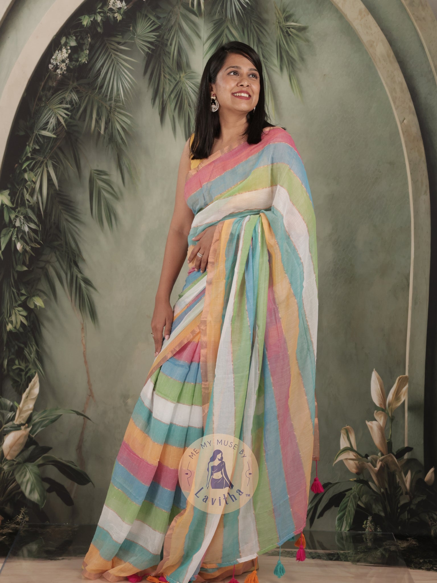 Haseena Blue Pink Monochrome Striped Mul Cotton Saree