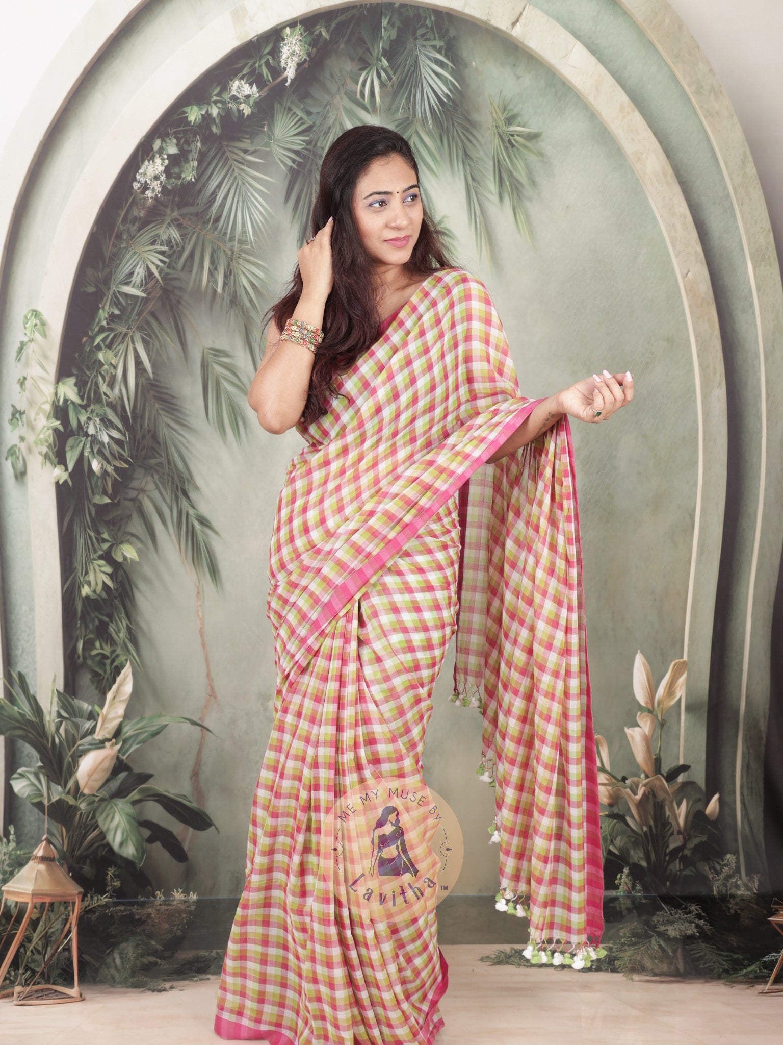 Haseena Pink Green Checkered Mul Cotton Saree