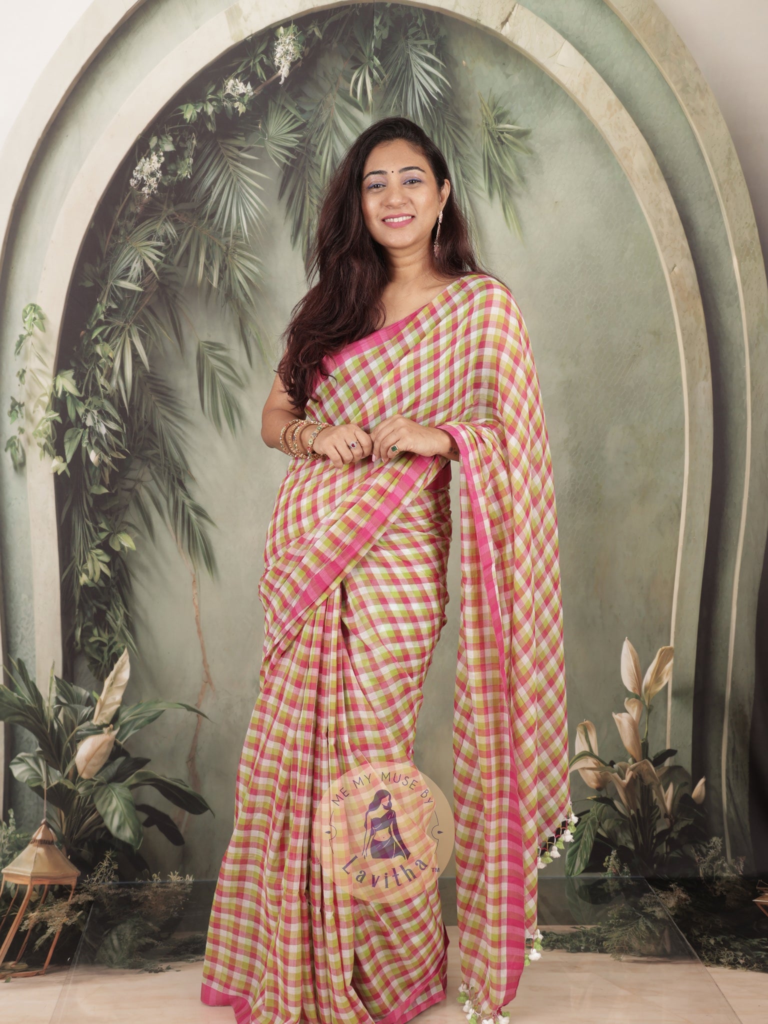 Haseena Pink Green Checkered Mul Cotton Saree