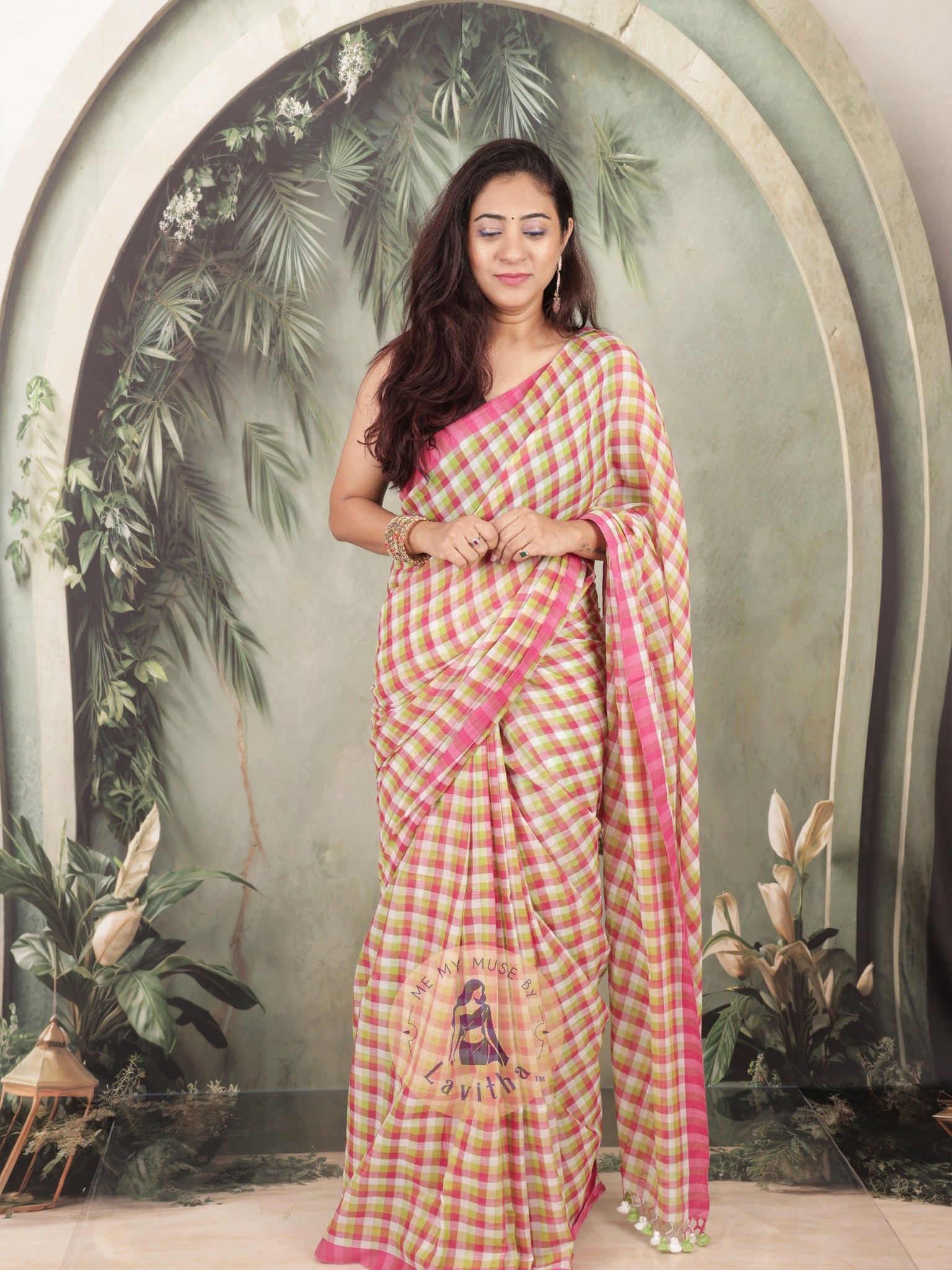 Haseena Pink Green Checkered Mul Cotton Saree