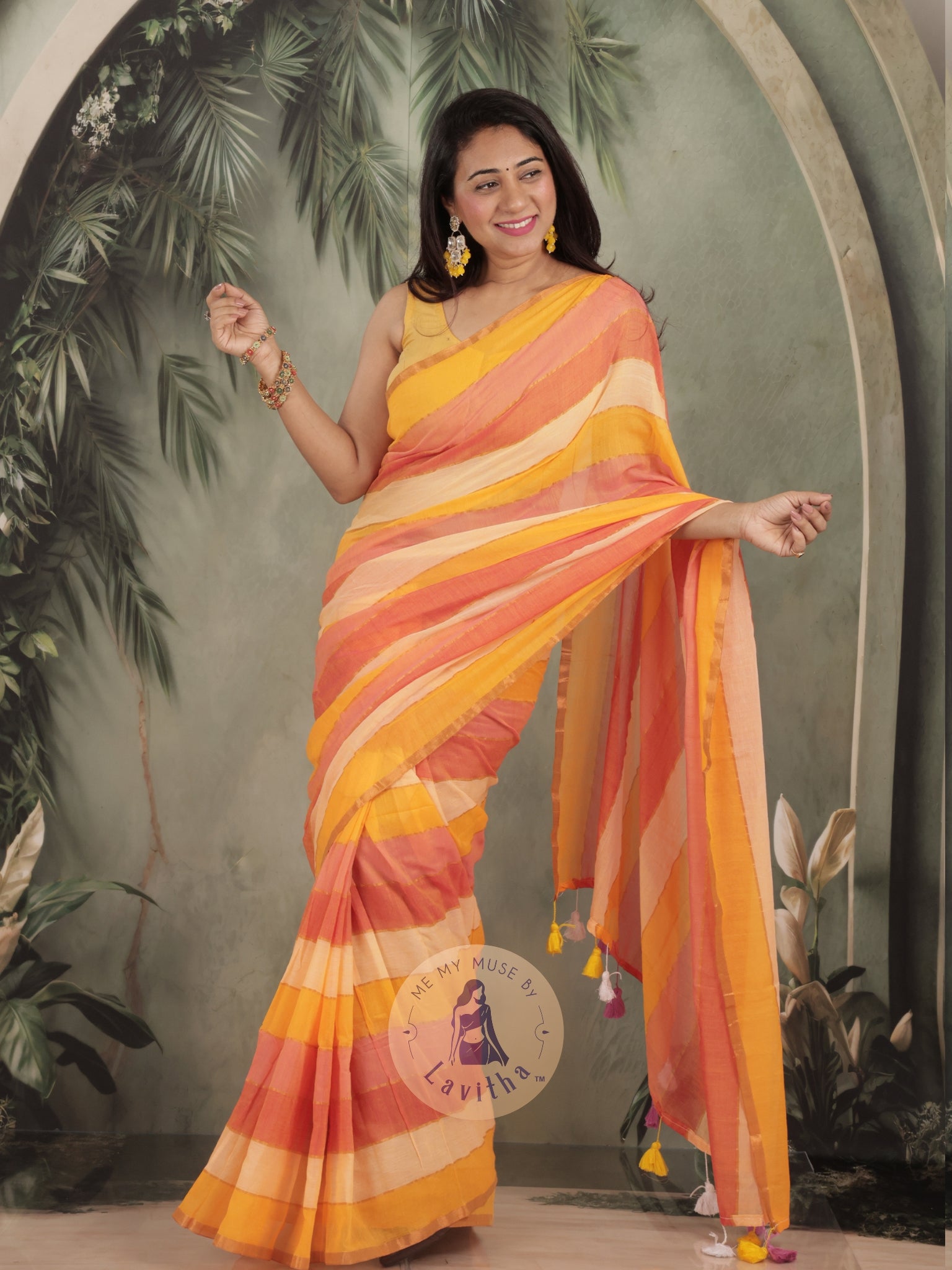 Haseena Yellow Monochrome Striped Mul Cotton Saree