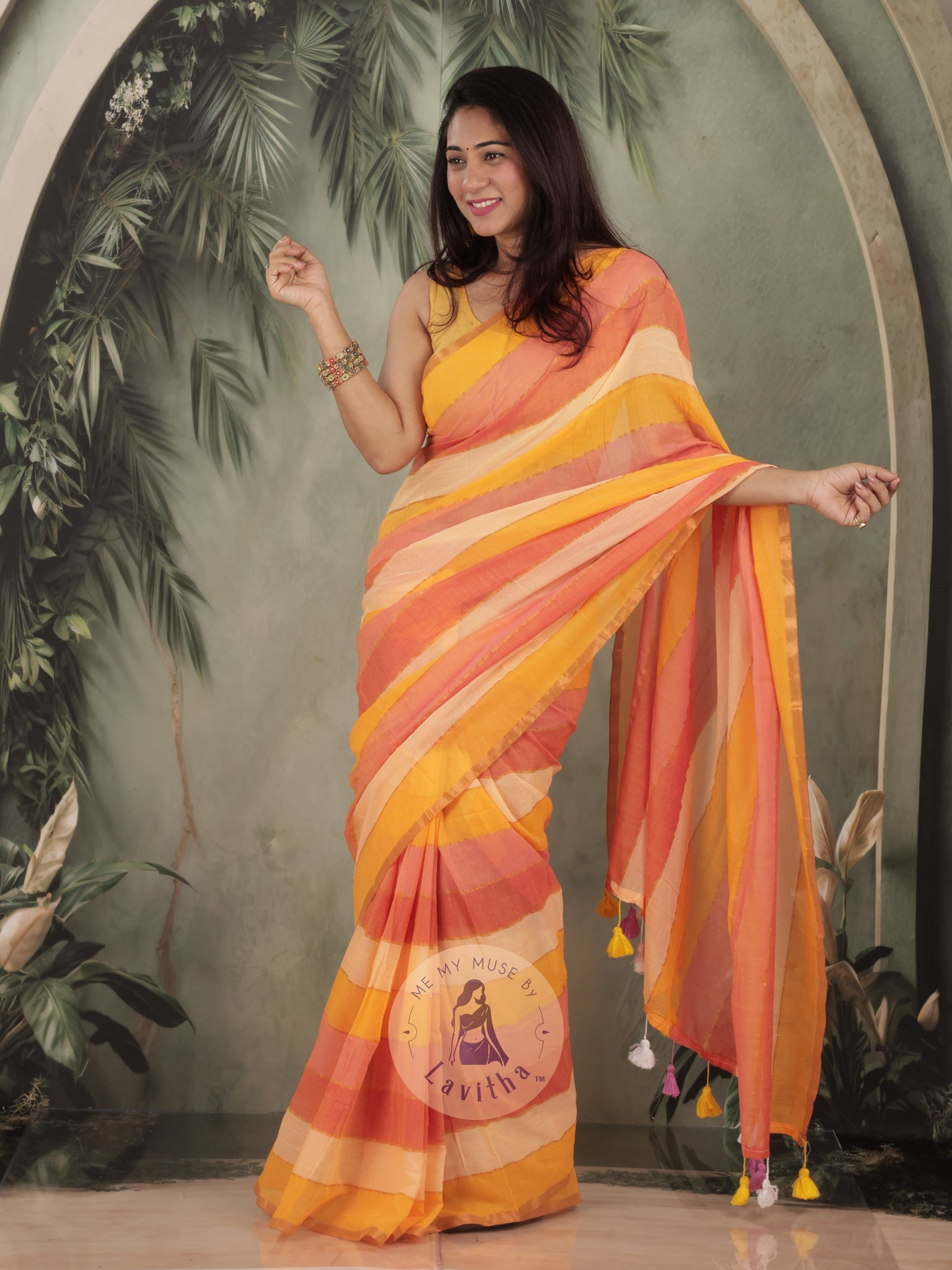 Haseena Yellow Monochrome Striped Mul Cotton Saree