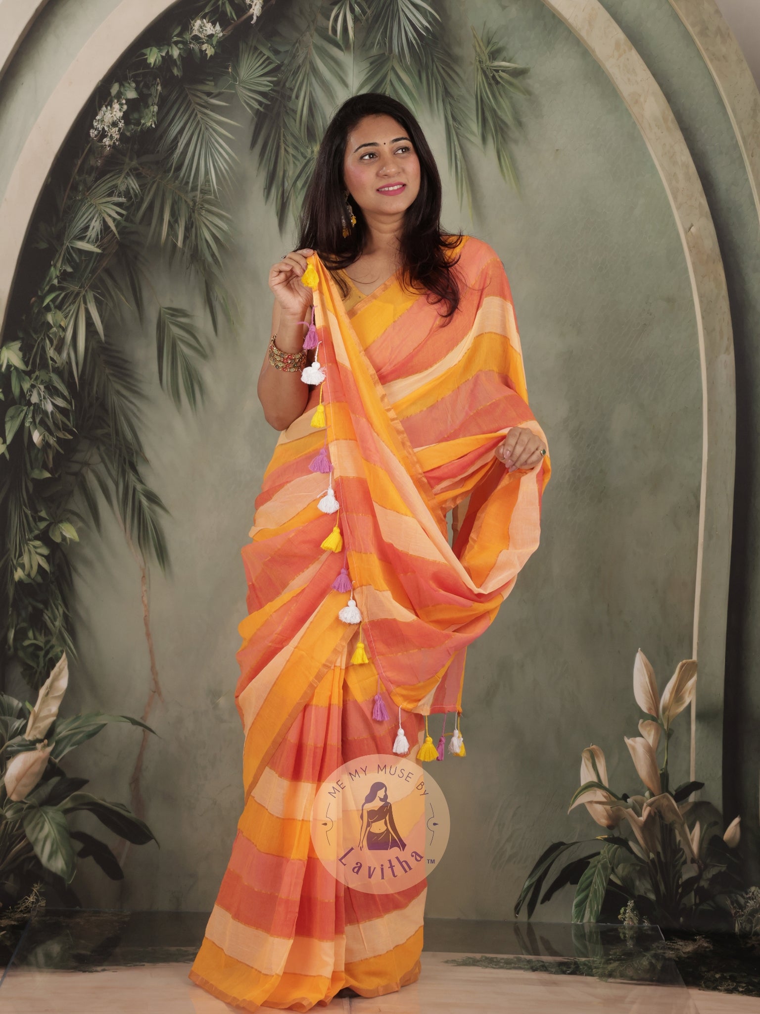 Haseena Yellow Monochrome Striped Mul Cotton Saree