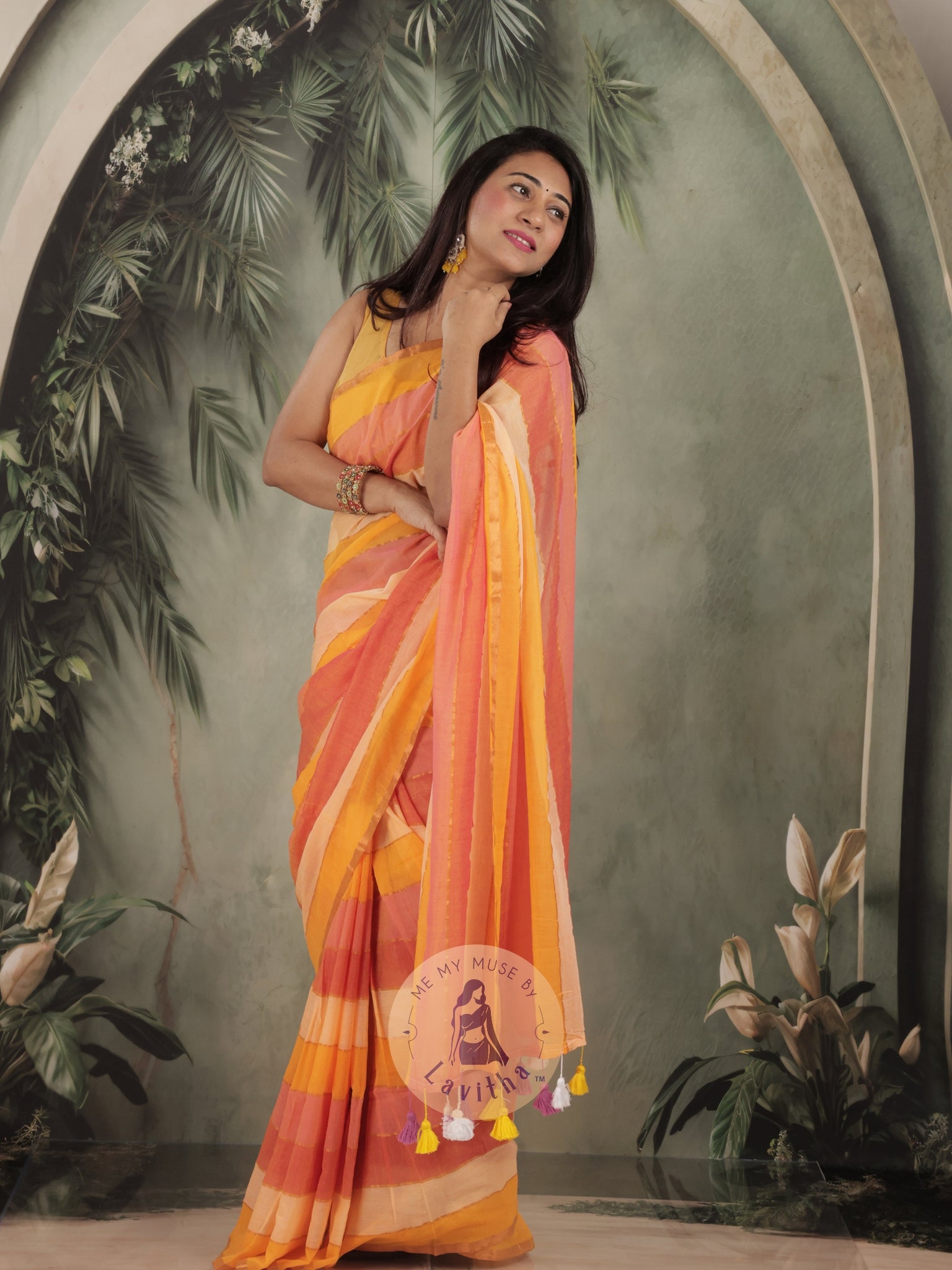Haseena Yellow Monochrome Striped Mul Cotton Saree