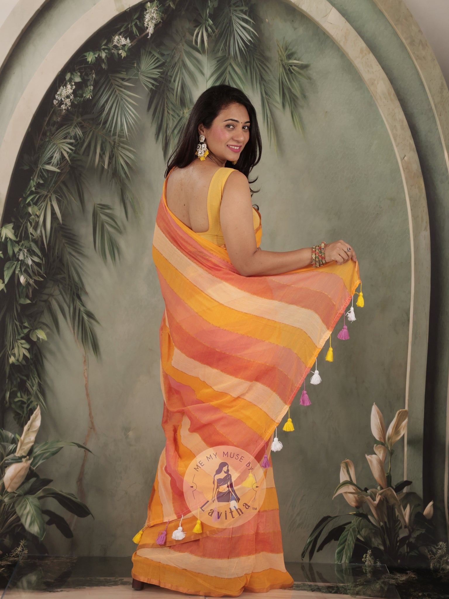 Haseena Yellow Monochrome Striped Mul Cotton Saree