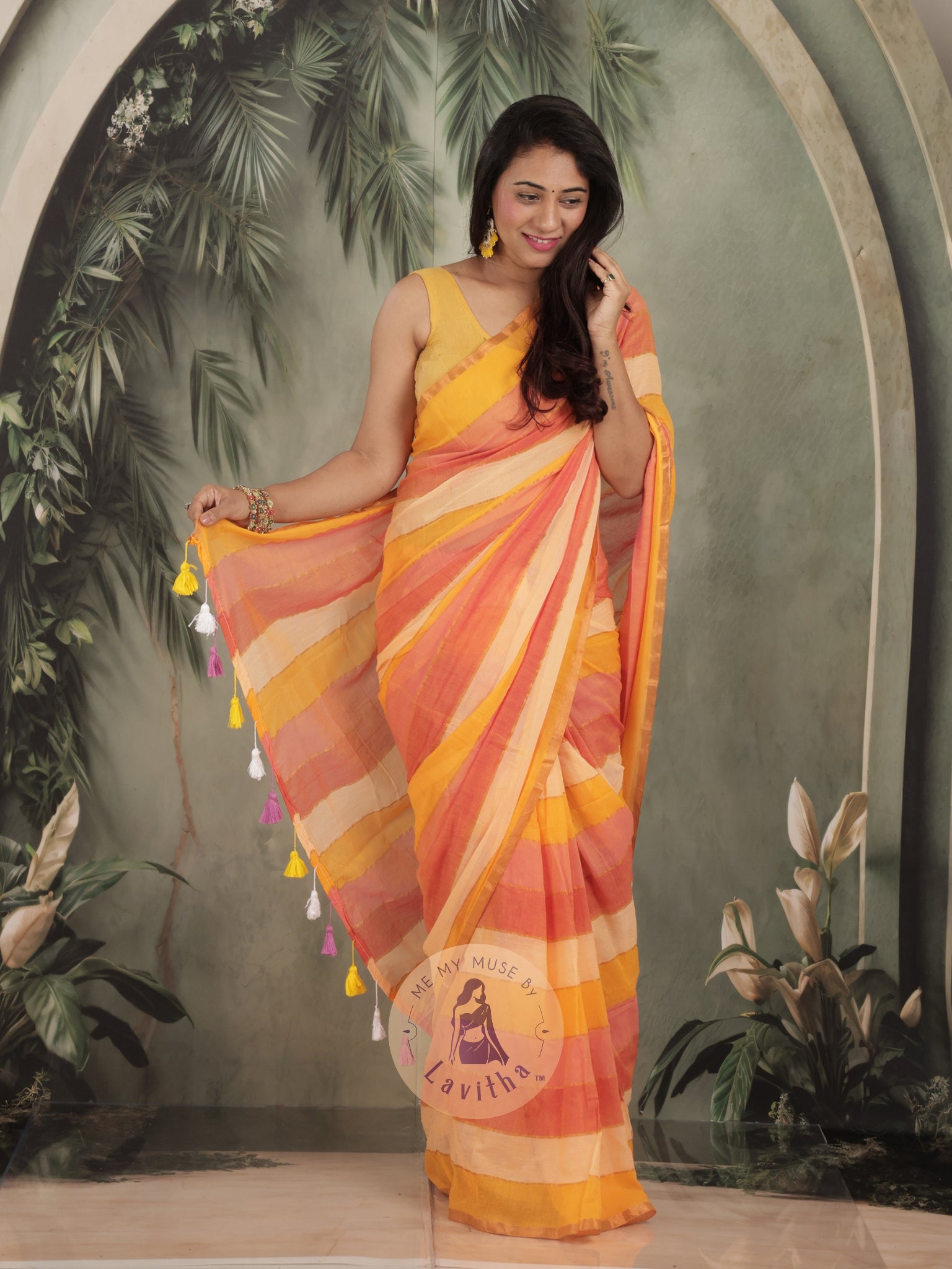 Haseena Yellow Monochrome Striped Mul Cotton Saree