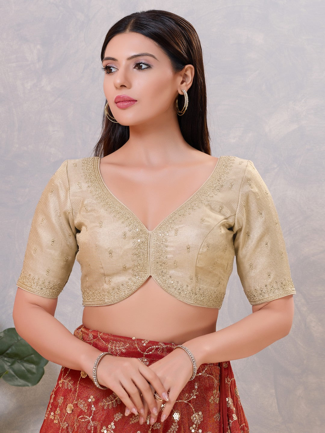 Light Gold Tissue Padded Elbow-Sleeves Blouse