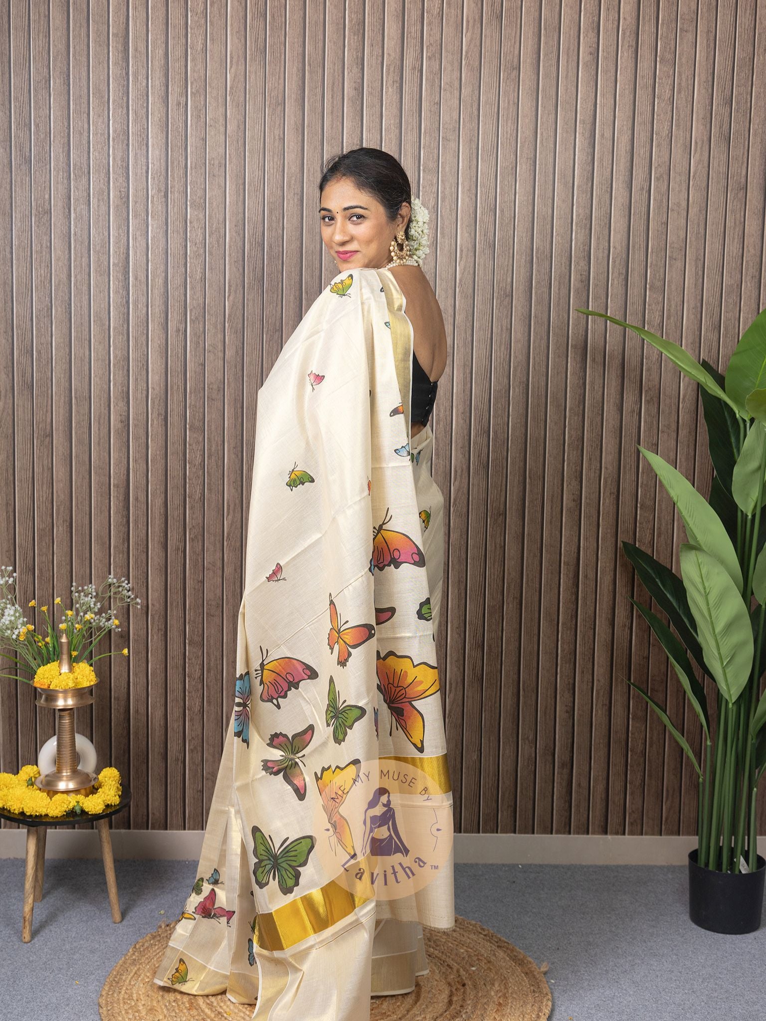 Kerala Kasavu Butterfly Tissue Silk Saree