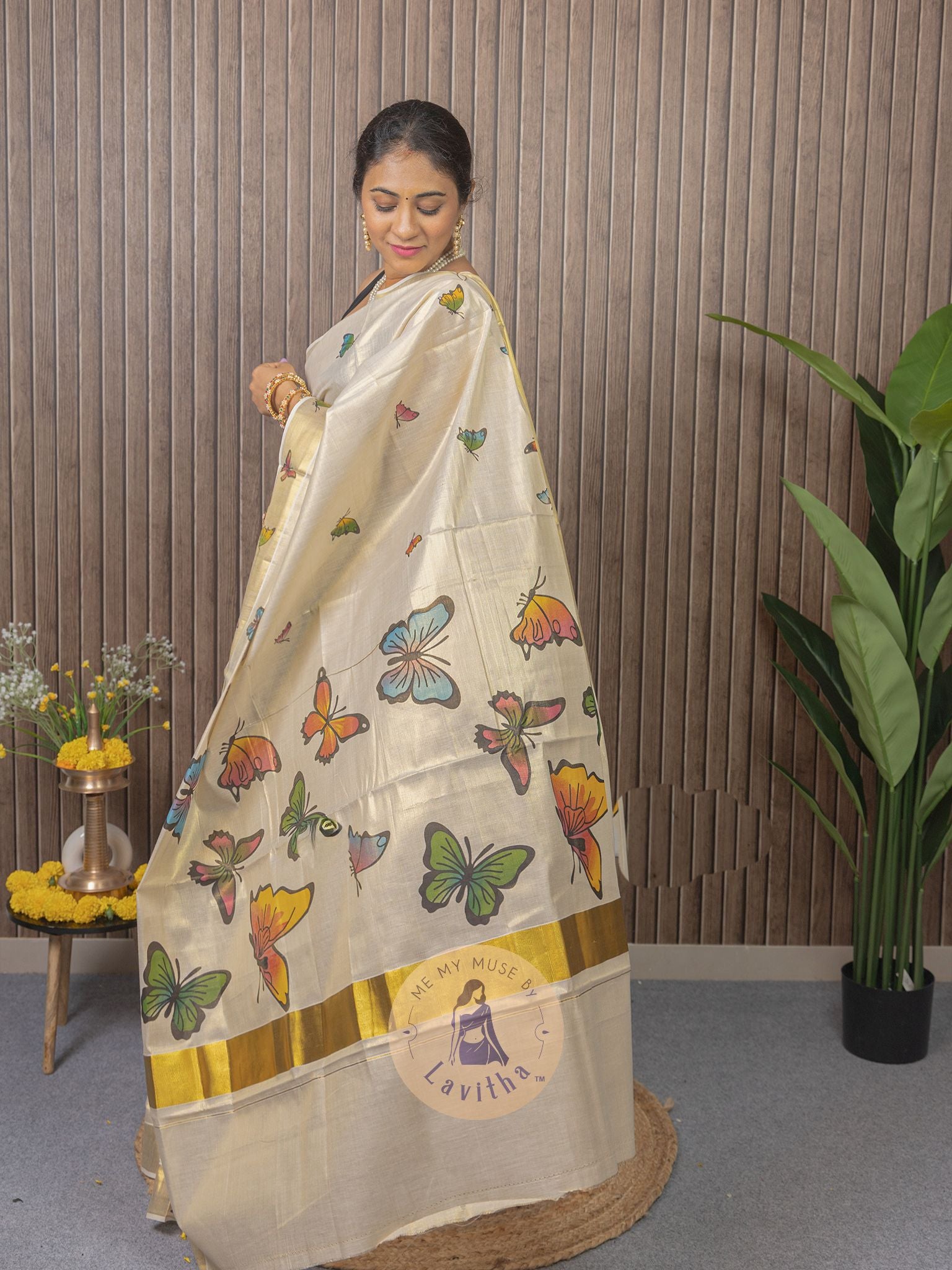 Kerala Kasavu Butterfly Tissue Silk Saree