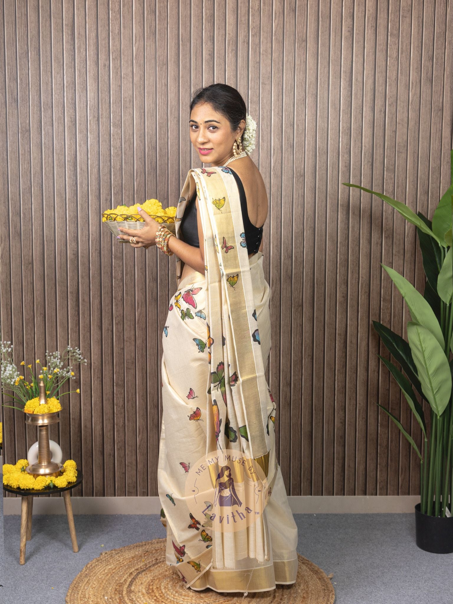Kerala Kasavu Butterfly Tissue Silk Saree