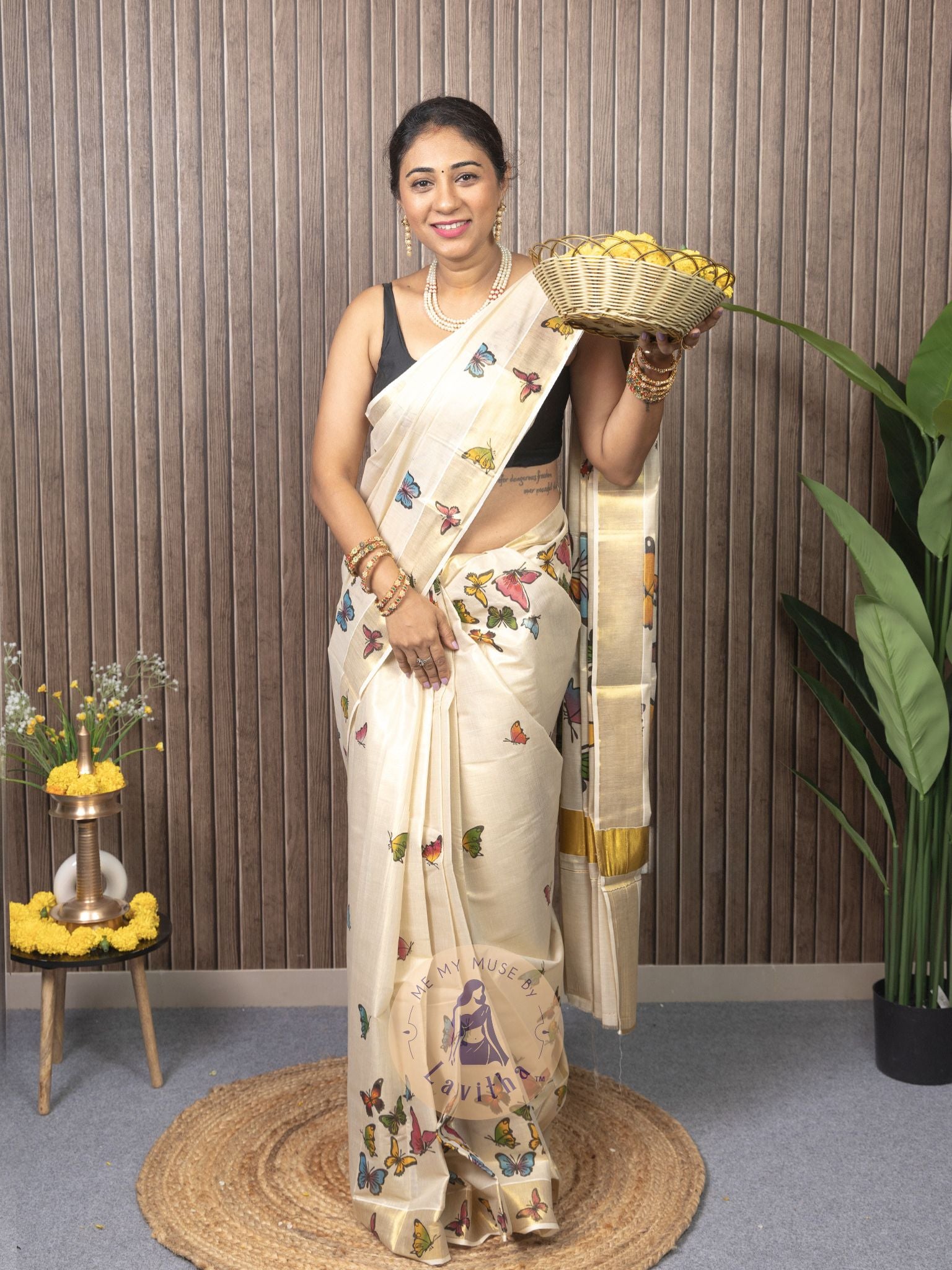 Kerala Kasavu Butterfly Tissue Silk Saree
