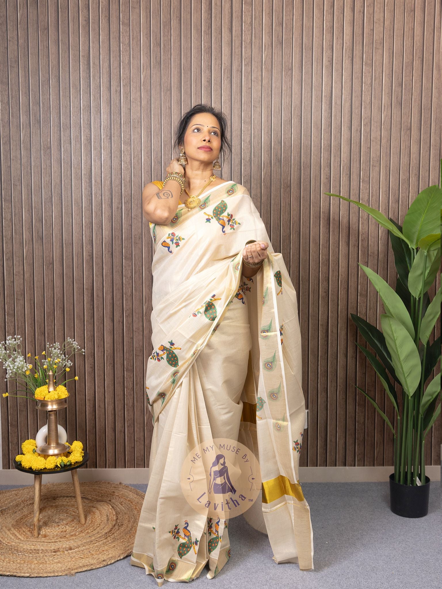 Kerala Kasavu Peacock Tissue Silk Saree