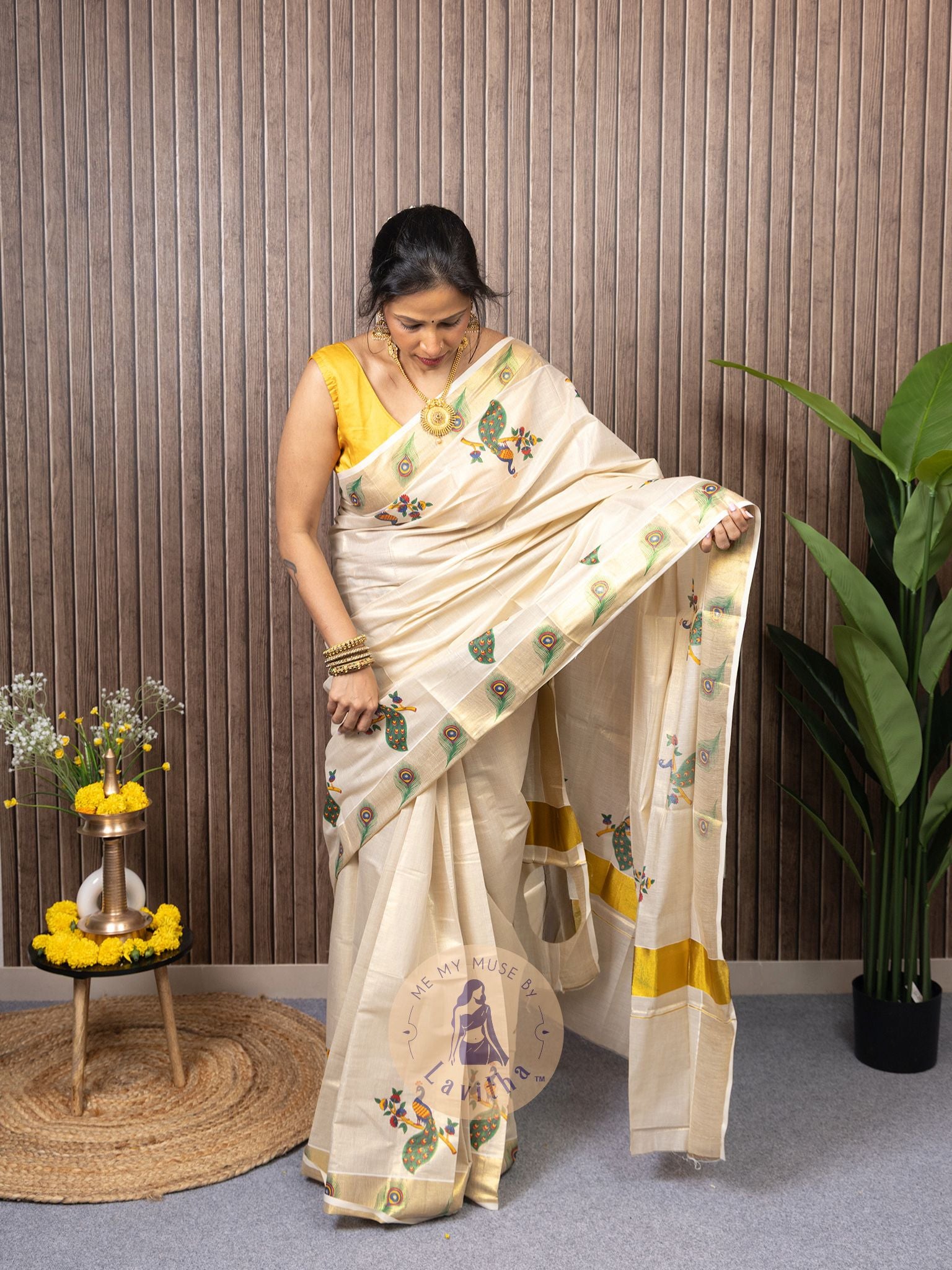 Our muse in a Kerala Kasavu Tissue Silk Saree exclusively available on Me My Muse by Lavitha