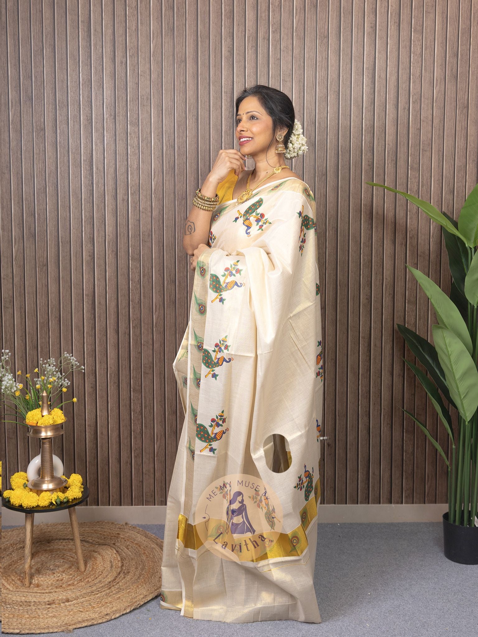 Our muse in a Kerala Kasavu Tissue Silk Saree exclusively available on Me My Muse by Lavitha