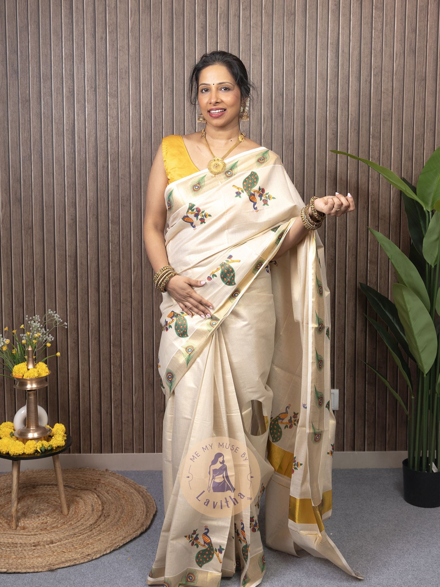 Our muse in a Kerala Kasavu Tissue Silk Saree exclusively available on Me My Muse by Lavitha