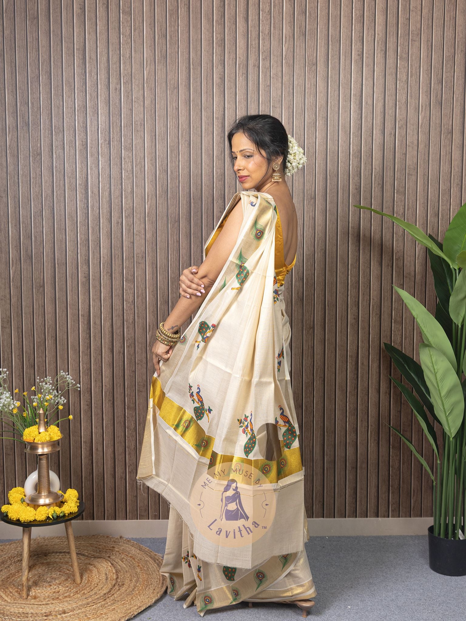 Our muse in a Kerala Kasavu Tissue Silk Saree exclusively available on Me My Muse by Lavitha