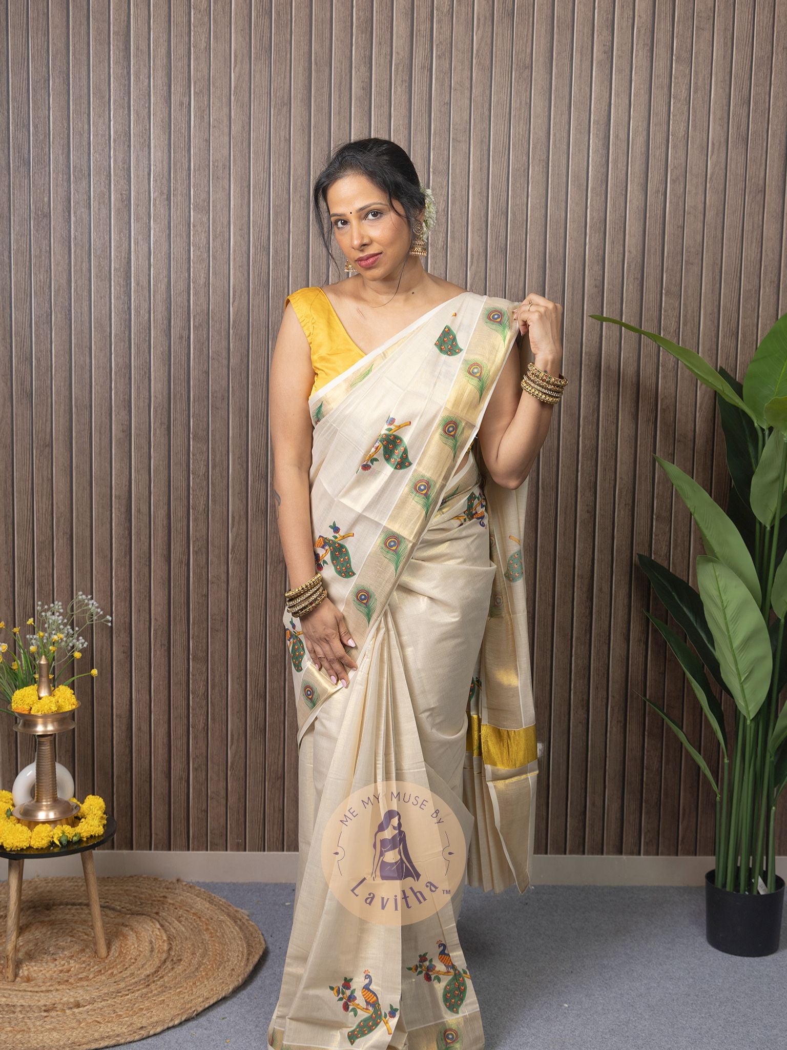 Our muse in a Kerala Kasavu Tissue Silk Saree exclusively available on Me My Muse by Lavitha