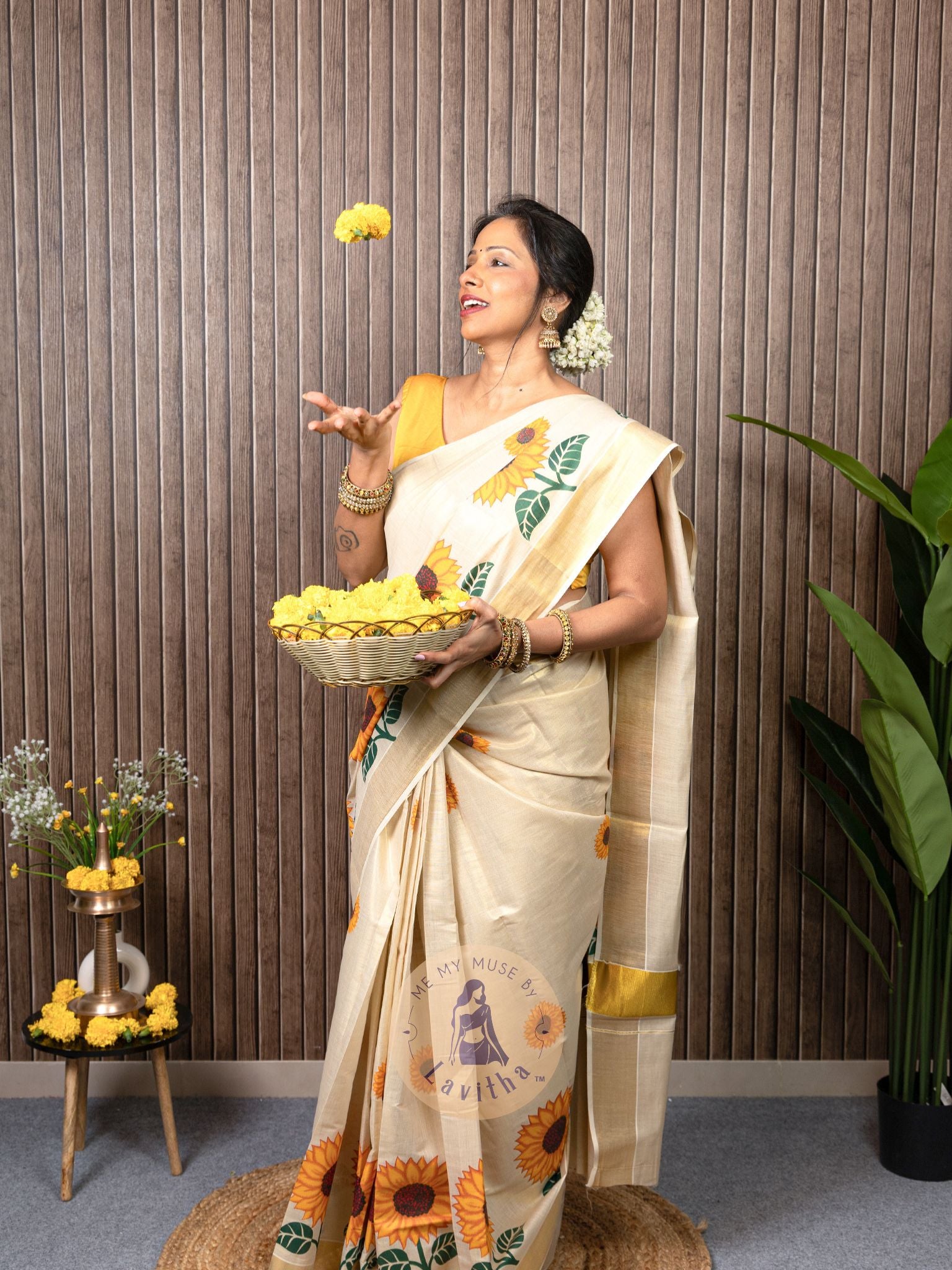 Our muse in a Kerala Kasavu Tissue Silk Saree from Me My Muse by Lavitha