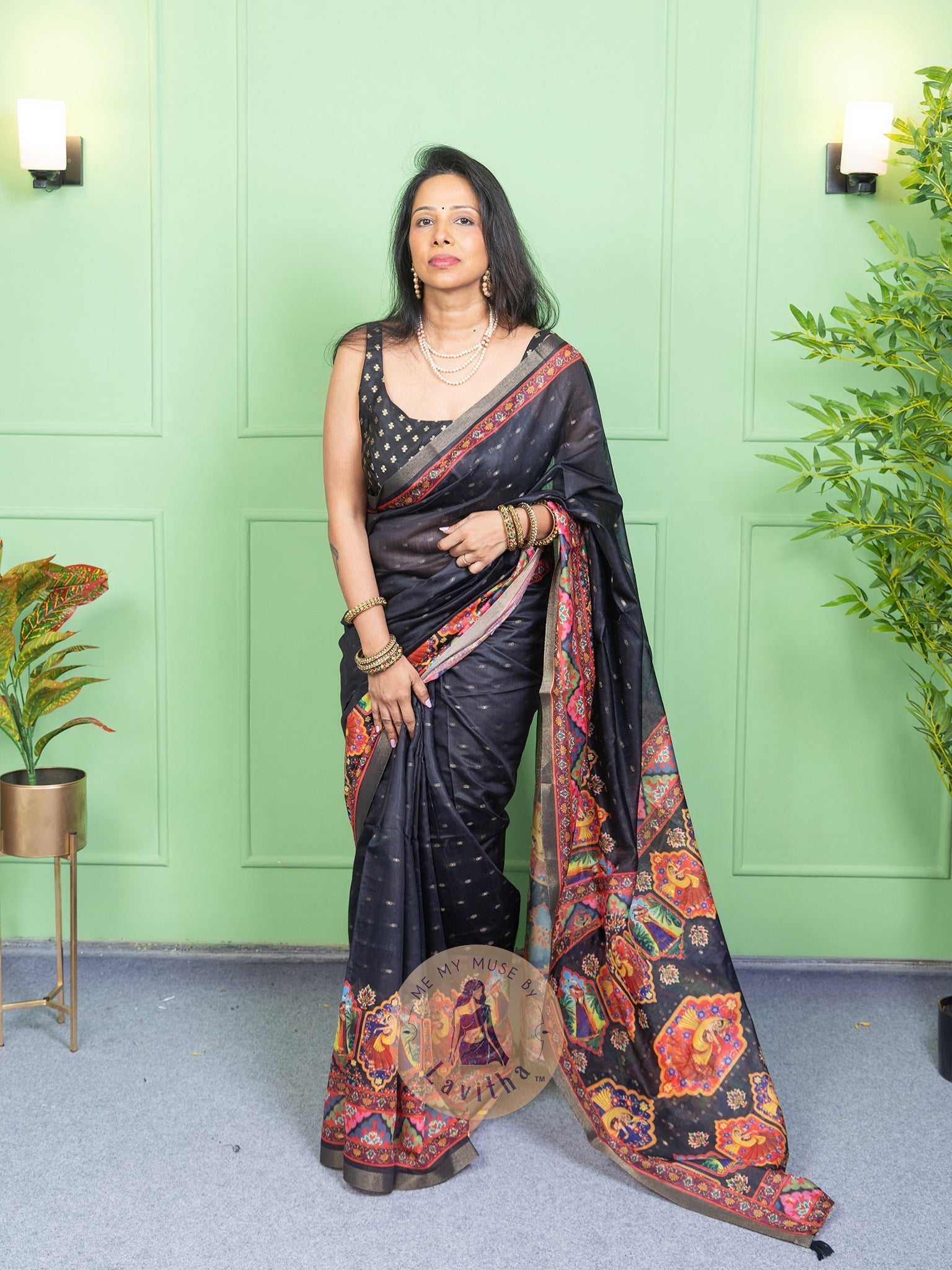 Our muse in a Black Chanderi Cotton saree with ready-to-wear Black Silk Butti Padded Blouse exclusively available on Me My Muse by Lavitha