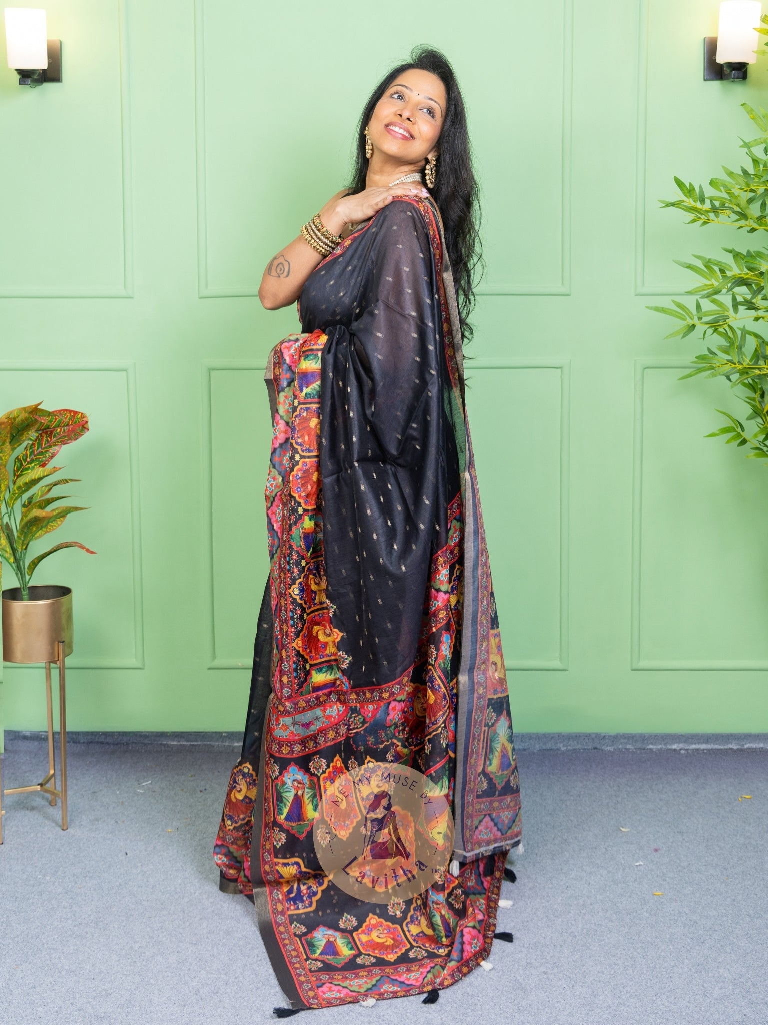 Our muse in a Black Chanderi Cotton saree with ready-to-wear Black Silk Butti Padded Blouse exclusively available on Me My Muse by Lavitha